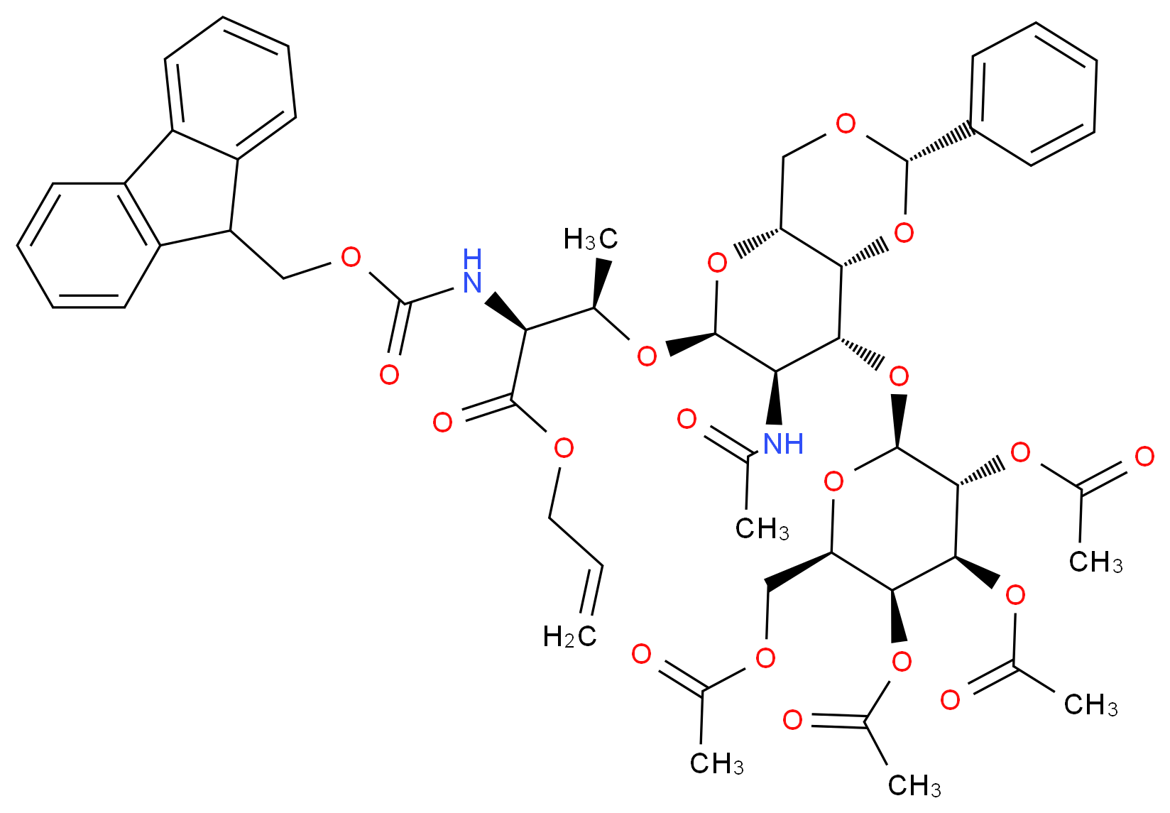 prop-2-en-1-yl (2S,3R)-3-{[(2S,4aR,6S,7R,8R,8aR)-7-acetamido-2-phenyl-8-{[(2R,3R,4S,5S,6R)-3,4,5-tris(acetyloxy)-6-[(acetyloxy)methyl]oxan-2-yl]oxy}-hexahydro-2H-pyrano[3,2-d][1,3]dioxin-6-yl]oxy}-2-{[(9H-fluoren-9-ylmethoxy)carbonyl]amino}butanoate_分子结构_CAS_384346-85-4