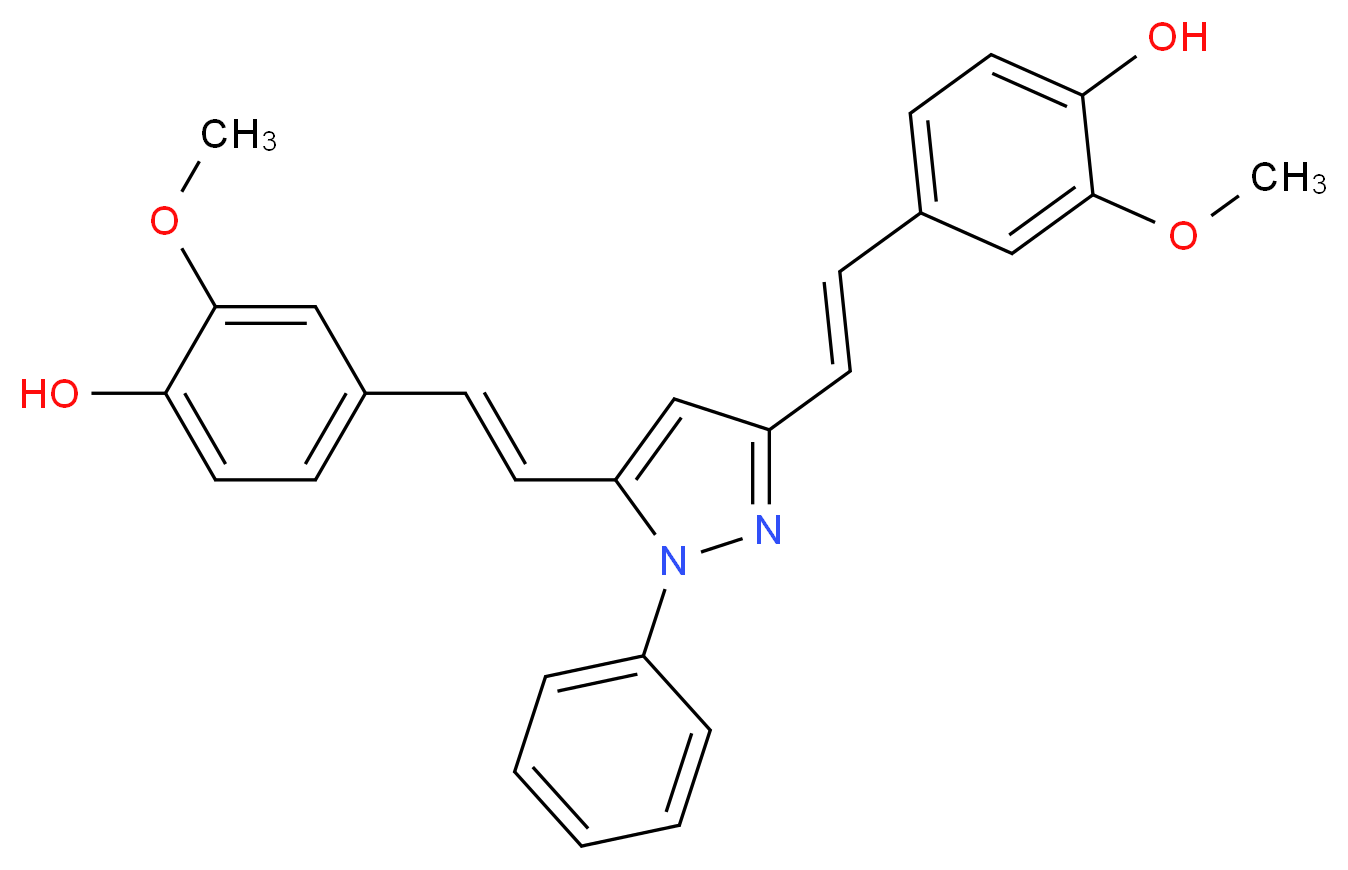 4,4'-(1E,1'E)-2,2'-(1-Phenyl-1H-pyrazole-3,5-diyl)-bis(ethene-2,1-diyl)bis(2-methoxyphenol)_分子结构_CAS_828911-76-8)