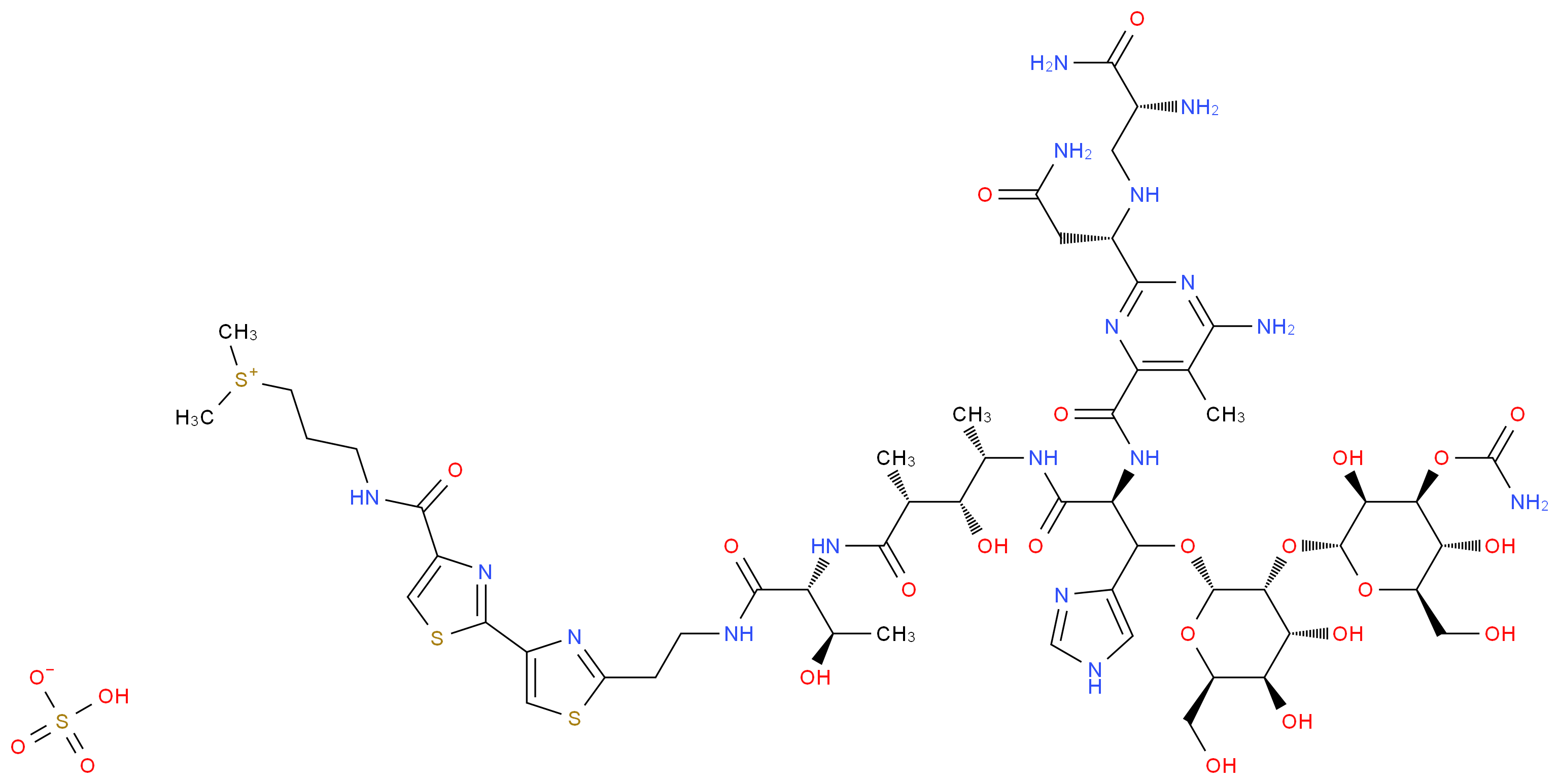 (3-{[2-(2-{2-[(2R,3R)-2-[(2R,3R,4S)-4-[(2S)-2-({6-amino-2-[(1S)-1-{[(2R)-2-amino-2-carbamoylethyl]amino}-2-carbamoylethyl]-5-methylpyrimidin-4-yl}formamido)-3-{[(2S,3R,4R,5R,6R)-3-{[(2R,3S,4S,5R,6R)-4-(carbamoyloxy)-3,5-dihydroxy-6-(hydroxymethyl)oxan-2-yl]oxy}-4,5-dihydroxy-6-(hydroxymethyl)oxan-2-yl]oxy}-3-(1H-imidazol-4-yl)propanamido]-3-hydroxy-2-methylpentanamido]-3-hydroxybutanamido]ethyl}-1,3-thiazol-4-yl)-1,3-thiazol-4-yl]formamido}propyl)dimethylsulfanium hydrogen sulfate_分子结构_CAS_9041-93-4