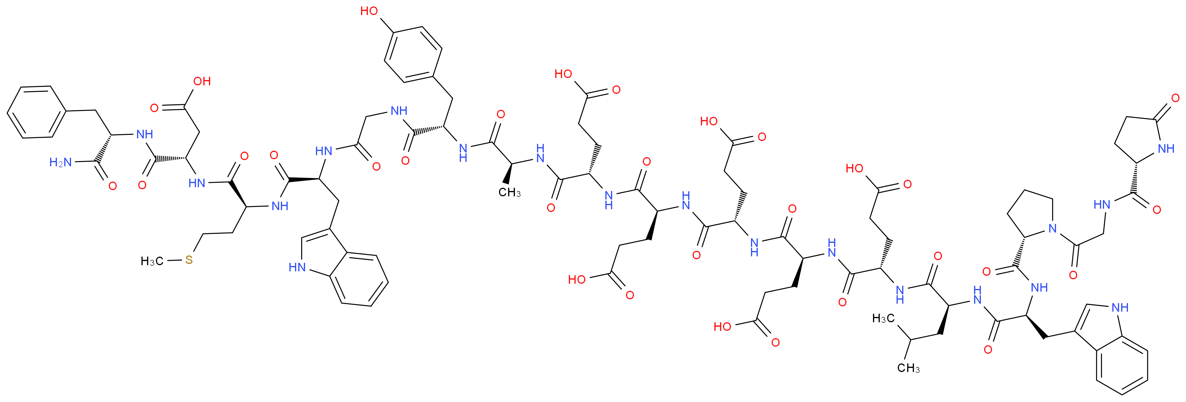 (4S)-4-{[(1S)-1-{[(1S)-1-{[(1S)-1-{[(1S)-1-{[(1S)-1-{[(1S)-1-[({[(1S)-1-{[(1S)-1-{[(1S)-1-{[(1S)-1-carbamoyl-2-phenylethyl]carbamoyl}-2-carboxyethyl]carbamoyl}-3-(methylsulfanyl)propyl]carbamoyl}-2-(1H-indol-3-yl)ethyl]carbamoyl}methyl)carbamoyl]-2-(4-hydroxyphenyl)ethyl]carbamoyl}ethyl]carbamoyl}-3-carboxypropyl]carbamoyl}-3-carboxypropyl]carbamoyl}-3-carboxypropyl]carbamoyl}-3-carboxypropyl]carbamoyl}-4-[(2S)-2-[(2S)-3-(1H-indol-3-yl)-2-{[(2S)-1-(2-{[(2S)-5-oxopyrrolidin-2-yl]formamido}acetyl)pyrrolidin-2-yl]formamido}propanamido]-4-methylpentanamido]butanoic acid_分子结构_CAS_10047-33-3