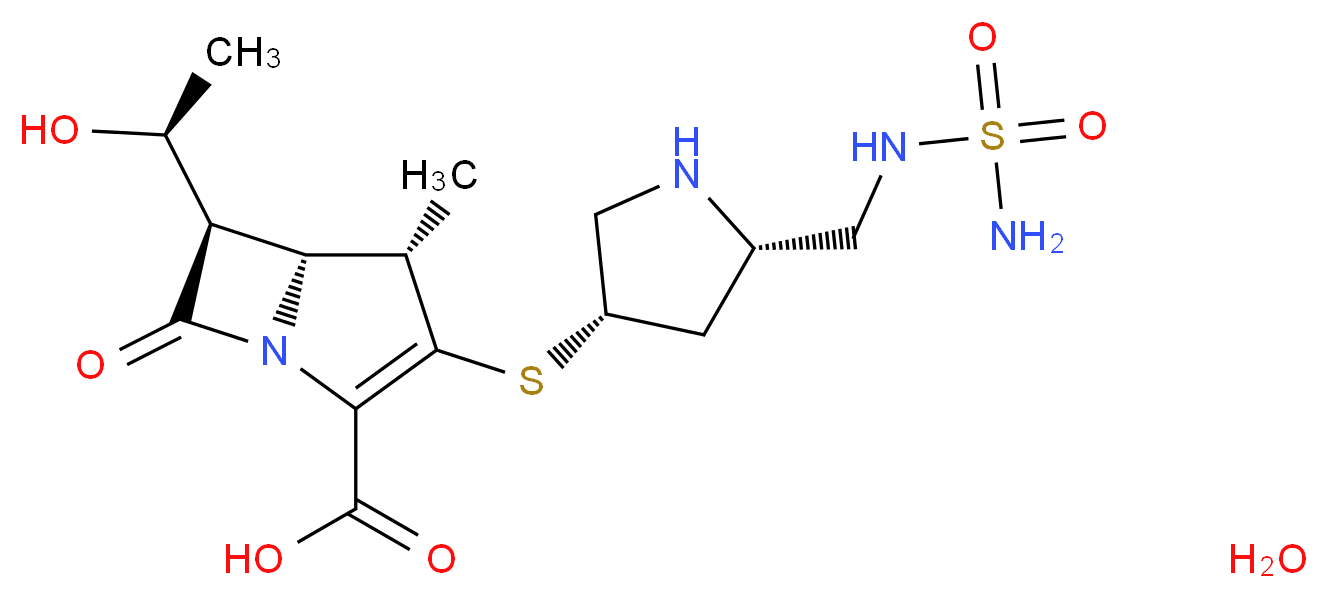 (4S,5R,6R)-6-[(1S)-1-hydroxyethyl]-4-methyl-7-oxo-3-{[(3S,5S)-5-[(sulfamoylamino)methyl]pyrrolidin-3-yl]sulfanyl}-1-azabicyclo[3.2.0]hept-2-ene-2-carboxylic acid hydrate_分子结构_CAS_148016-81-3