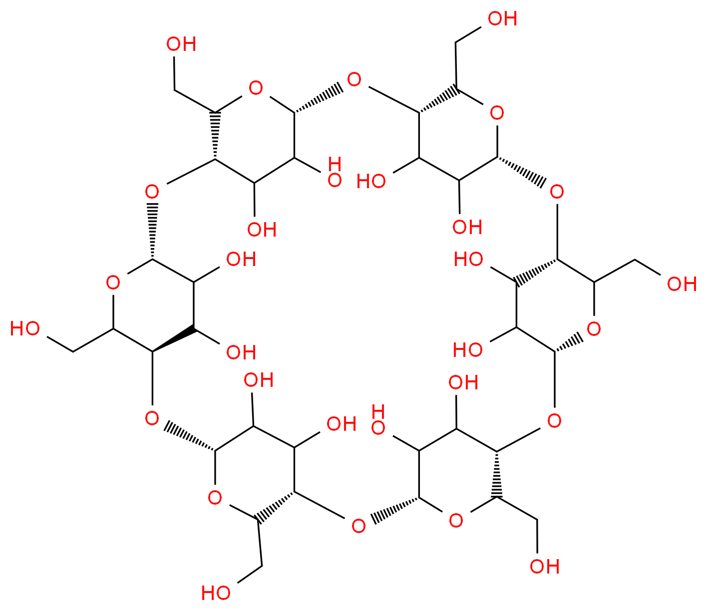 (1R,3R,6S,8R,11S,13R,16S,18R,21S,23R,26S,28R)-5,10,15,20,25,30-hexakis(hydroxymethyl)-2,4,7,9,12,14,17,19,22,24,27,29-dodecaoxaheptacyclo[26.2.2.2<sup>3</sup>,<sup>6</sup>.2<sup>8</sup>,<sup>1</sup><sup>1</sup>.2<sup>1</sup><sup>3</sup>,<sup>1</sup><sup>6</sup>.2<sup>1</sup><sup>8</sup>,<sup>2</sup><sup>1</sup>.2<sup>2</sup><sup>3</sup>,<sup>2</sup><sup>6</sup>]dotetracontane-31,32,33,34,35,36,37,38,39,40,41,42-dodecol_分子结构_CAS_10016-20-3