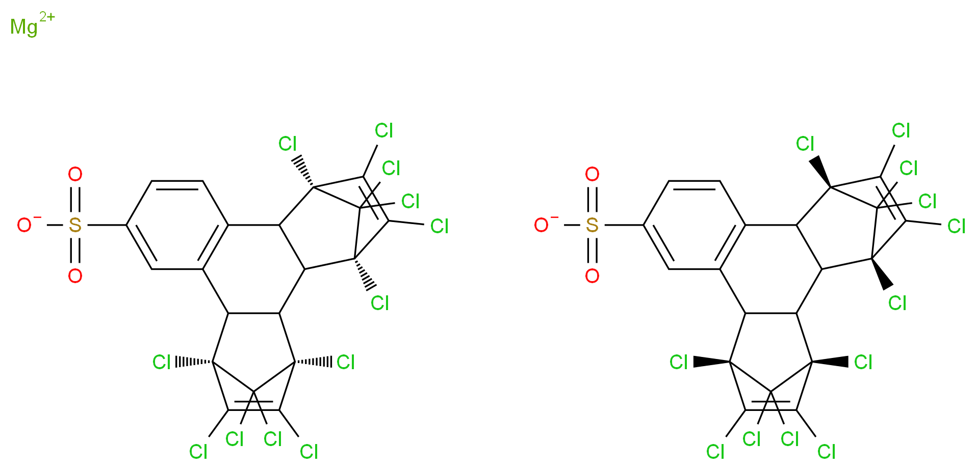 magnesium(2+) ion (1R,4S,7R,16S)-1,4,5,6,7,16,17,18,19,19,20,20-dodecachlorohexacyclo[14.2.1.1<sup>4</sup>,<sup>7</sup>.0<sup>2</sup>,<sup>1</sup><sup>5</sup>.0<sup>3</sup>,<sup>8</sup>.0<sup>9</sup>,<sup>1</sup><sup>4</sup>]icosa-5,9(14),10,12,17-pentaene-11-sulfonate (1S,4R,7S,16R)-1,4,5,6,7,16,17,18,19,19,20,20-dodecachlorohexacyclo[14.2.1.1<sup>4</sup>,<sup>7</sup>.0<sup>2</sup>,<sup>1</sup><sup>5</sup>.0<sup>3</sup>,<sup>8</sup>.0<sup>9</sup>,<sup>1</sup><sup>4</sup>]icosa-5,9(14),10,12,17-pentaene-11-sulfonate_分子结构_CAS_83878-02-8