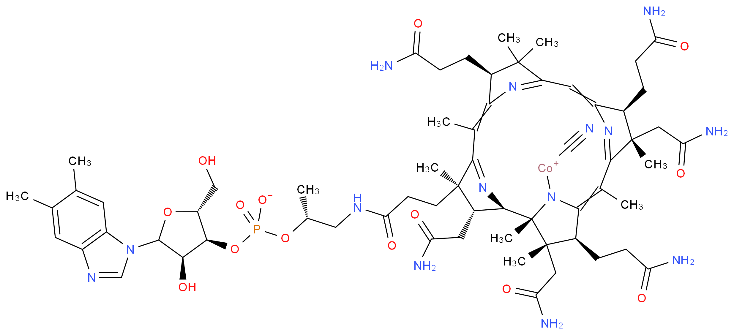 cyano[(1R,2R,3R,4R,8S,13S,14S,18S,19S)-8,13,18-tris(2-carbamoylethyl)-3,14,19-tris(carbamoylmethyl)-4-(2-{[(2R)-2-{[(2R,3S,4R)-5-(5,6-dimethyl-1H-1,3-benzodiazol-1-yl)-4-hydroxy-2-(hydroxymethyl)oxolan-3-yl phosphonato]oxy}propyl]carbamoyl}ethyl)-1,4,6,9,9,14,16,19-octamethyl-20,21,22,23-tetraazapentacyclo[15.2.1.1<sup>2</sup>,<sup>5</sup>.1<sup>7</sup>,<sup>1</sup><sup>0</sup>.1<sup>1</sup><sup>2</sup>,<sup>1</sup><sup>5</sup>]tricosa-5(23),6,10(22),11,15(21),16-hexaen-20-yl]cobaltylium_分子结构_CAS_68-19-9