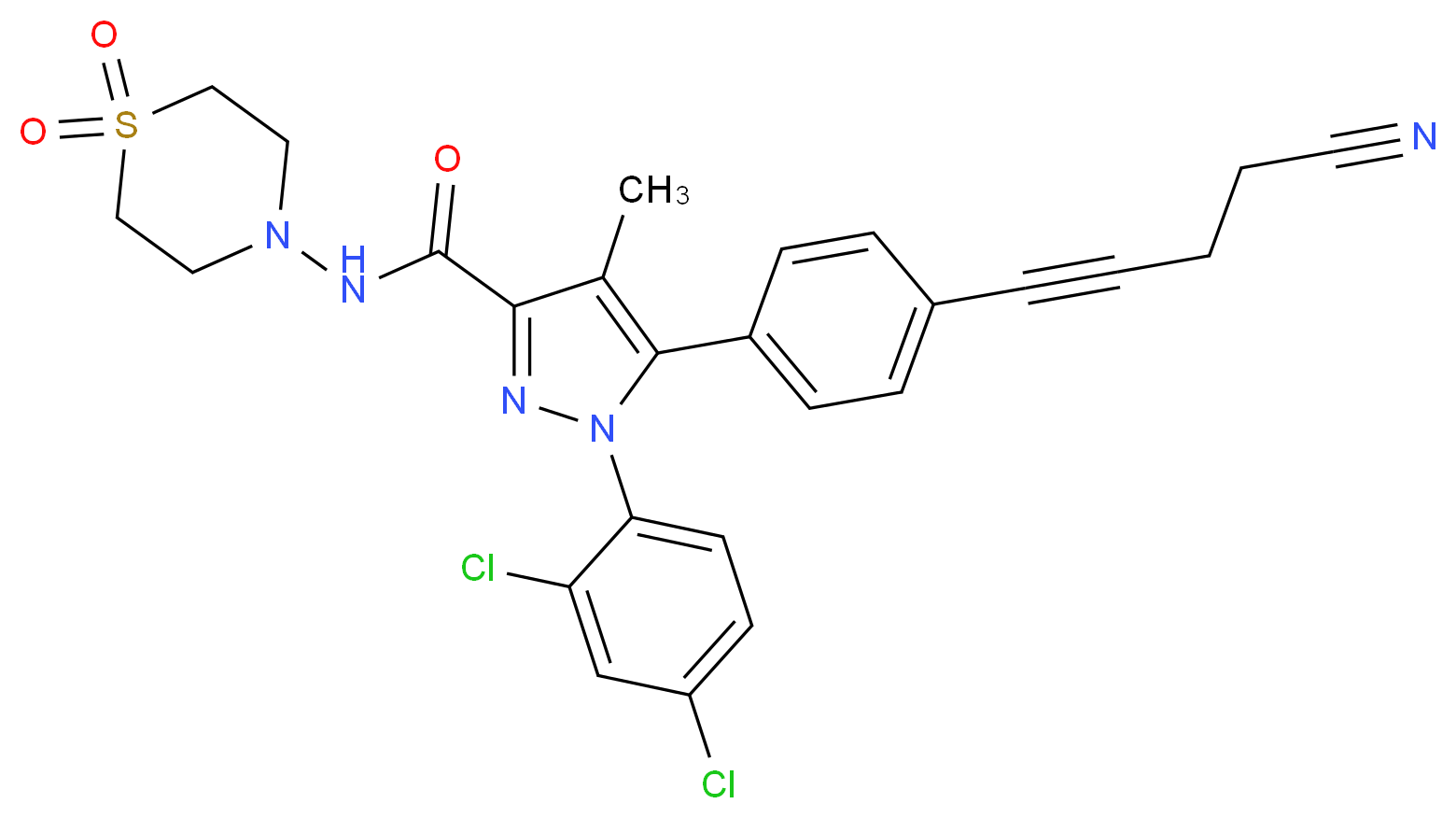 5-[4-(4-cyanobut-1-yn-1-yl)phenyl]-1-(2,4-dichlorophenyl)-N-(1,1-dioxo-1λ<sup>6</sup>,4-thiomorpholin-4-yl)-4-methyl-1H-pyrazole-3-carboxamide_分子结构_CAS_1245626-05-4