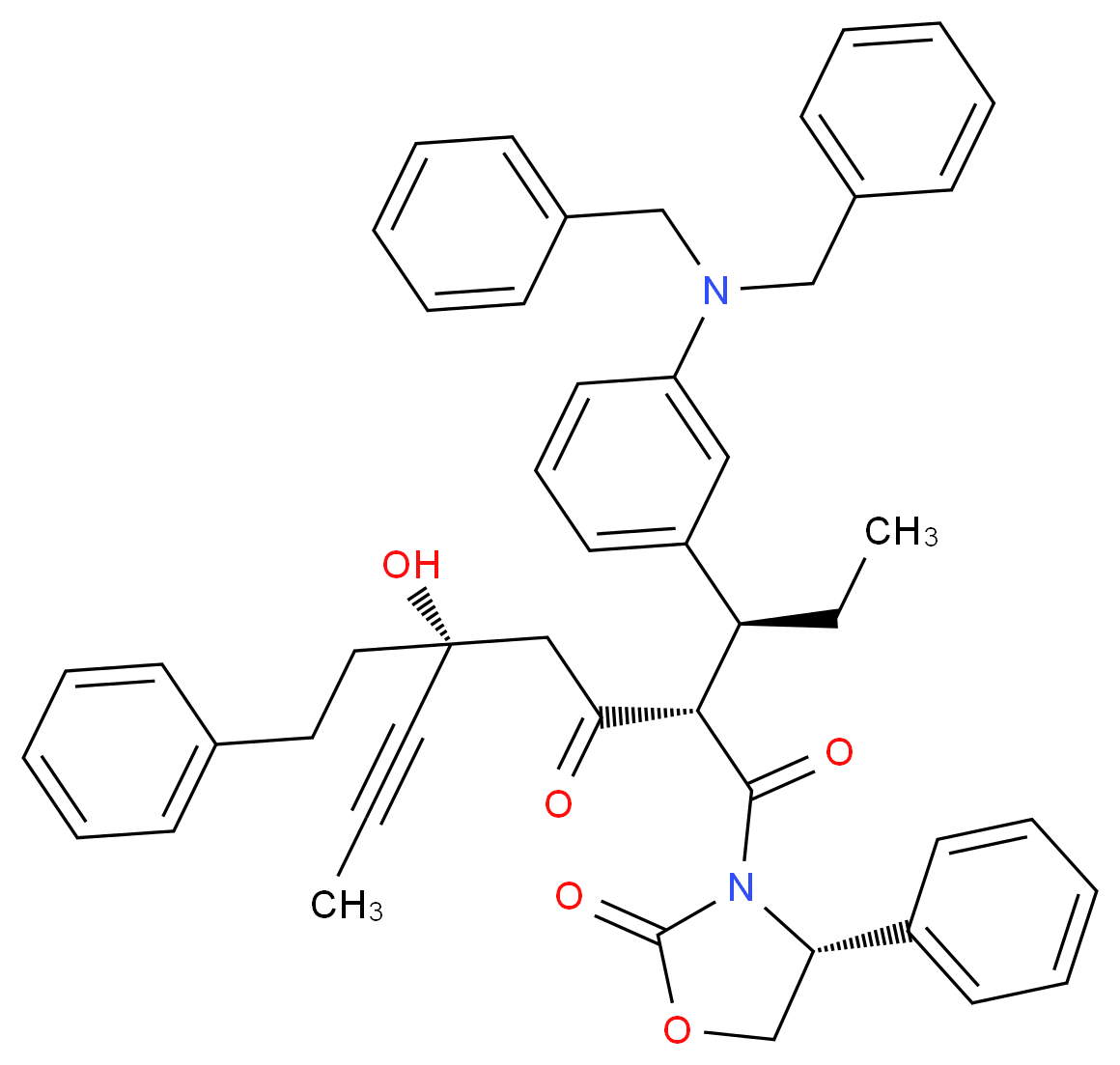 (2S,5R)-2-[(1S)-1-[3-(dibenzylamino)phenyl]propyl]-5-hydroxy-1-[(4R)-2-oxo-4-phenyl-1,3-oxazolidin-3-yl]-5-(2-phenylethyl)oct-6-yne-1,3-dione_分子结构_CAS_188559-22-0