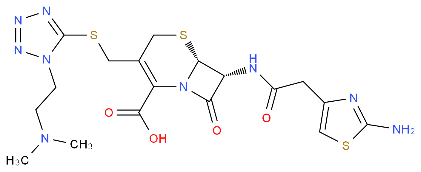 (6R,7R)-7-[2-(2-amino-1,3-thiazol-4-yl)acetamido]-3-[({1-[2-(dimethylamino)ethyl]-1H-1,2,3,4-tetrazol-5-yl}sulfanyl)methyl]-8-oxo-5-thia-1-azabicyclo[4.2.0]oct-2-ene-2-carboxylic acid_分子结构_CAS_66309-69-1