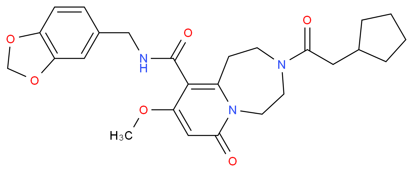 N-(1,3-benzodioxol-5-ylmethyl)-3-(cyclopentylacetyl)-9-methoxy-7-oxo-1,2,3,4,5,7-hexahydropyrido[1,2-d][1,4]diazepine-10-carboxamide_分子结构_CAS_)