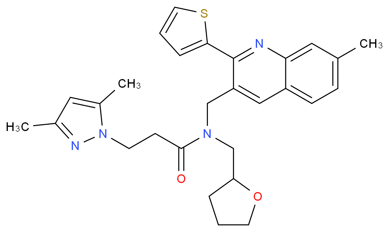 3-(3,5-dimethyl-1H-pyrazol-1-yl)-N-{[7-methyl-2-(2-thienyl)-3-quinolinyl]methyl}-N-(tetrahydro-2-furanylmethyl)propanamide_分子结构_CAS_)