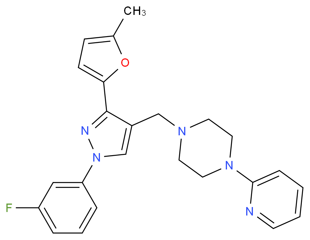 1-{[1-(3-fluorophenyl)-3-(5-methyl-2-furyl)-1H-pyrazol-4-yl]methyl}-4-(2-pyridinyl)piperazine_分子结构_CAS_)
