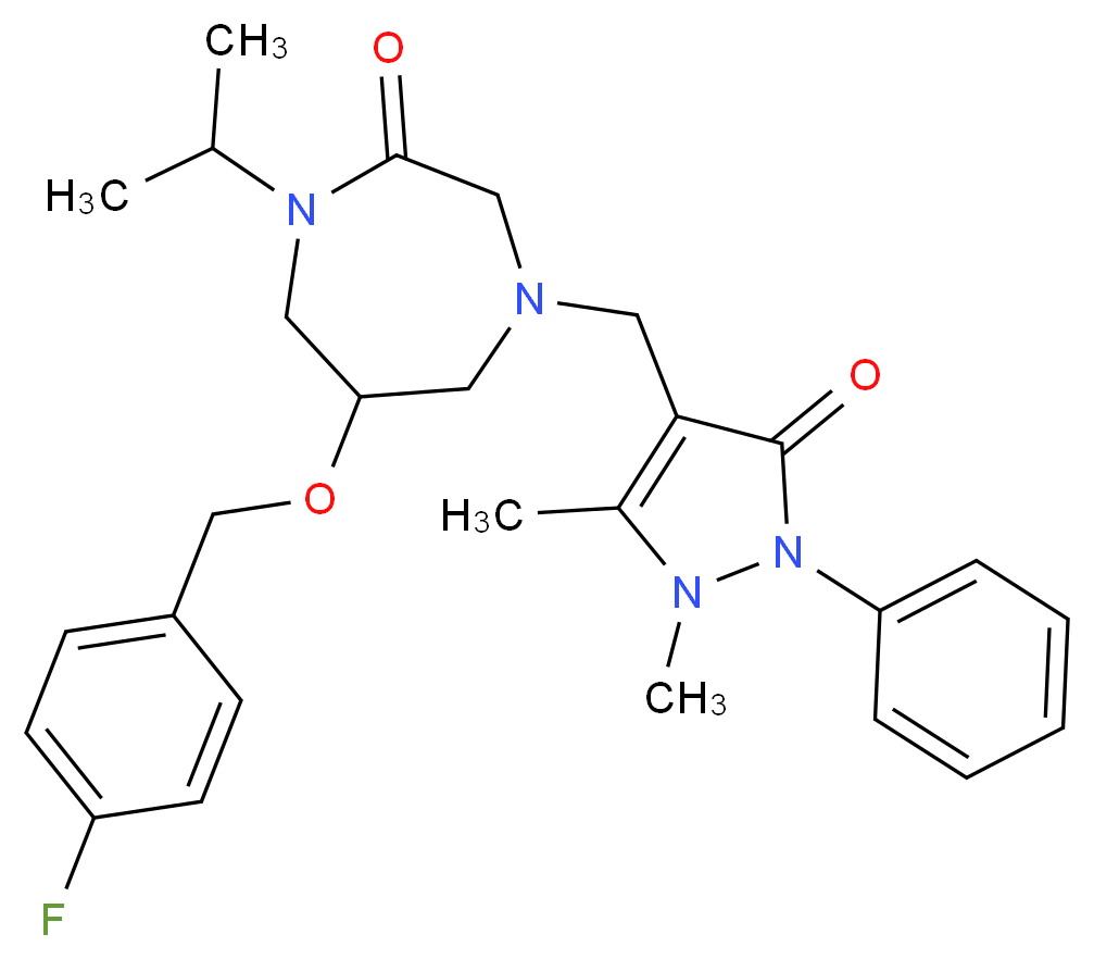 4-[(1,5-dimethyl-3-oxo-2-phenyl-2,3-dihydro-1H-pyrazol-4-yl)methyl]-6-[(4-fluorobenzyl)oxy]-1-isopropyl-1,4-diazepan-2-one_分子结构_CAS_)