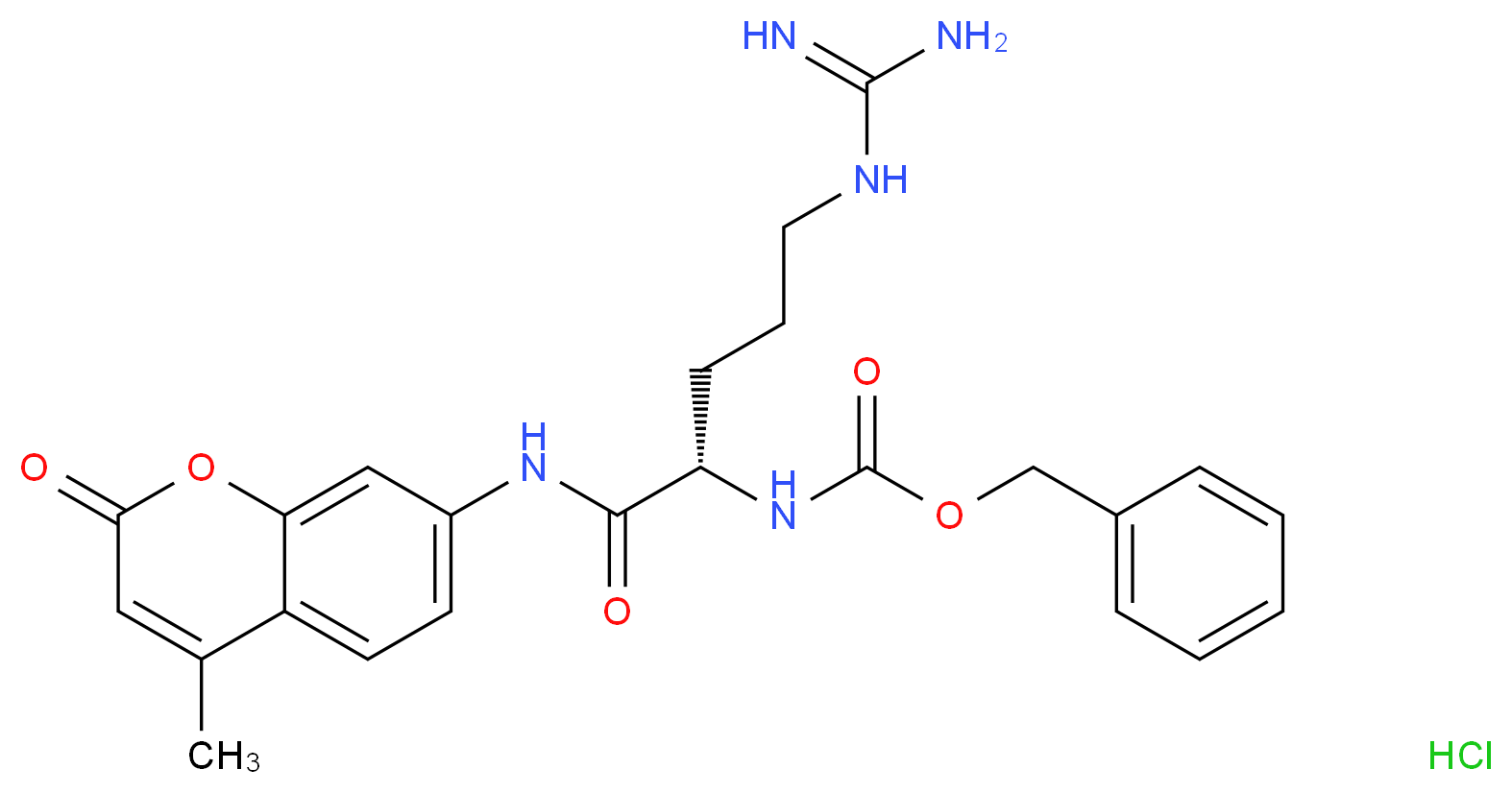 benzyl N-[(1S)-4-carbamimidamido-1-[(4-methyl-2-oxo-2H-chromen-7-yl)carbamoyl]butyl]carbamate hydrochloride_分子结构_CAS_70375-22-3