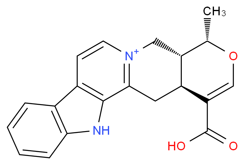 (15R,16S,20S)-19-carboxy-16-methyl-17-oxa-3,13λ<sup>5</sup>-diazapentacyclo[11.8.0.0<sup>2</sup>,<sup>1</sup><sup>0</sup>.0<sup>4</sup>,<sup>9</sup>.0<sup>1</sup><sup>5</sup>,<sup>2</sup><sup>0</sup>]henicosa-1(13),2(10),4(9),5,7,11,18-heptaen-13-ylium_分子结构_CAS_605-14-1