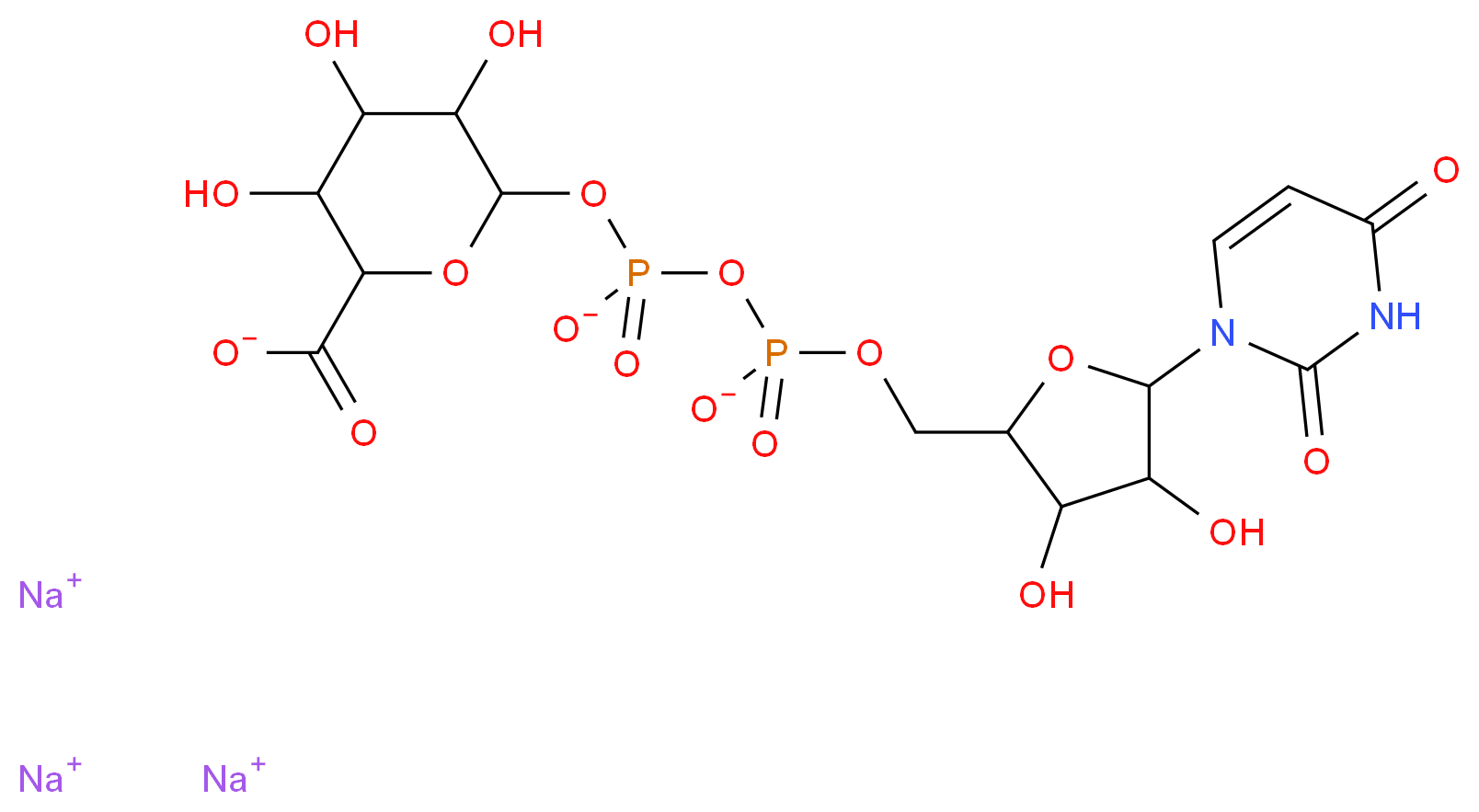 trisodium 6-{[({[5-(2,4-dioxo-1,2,3,4-tetrahydropyrimidin-1-yl)-3,4-dihydroxyoxolan-2-yl]methyl phosphonato}oxy)phosphinato]oxy}-3,4,5-trihydroxyoxane-2-carboxylate_分子结构_CAS_63700-19-6