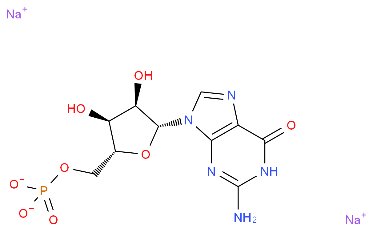 disodium [(2R,3S,4R,5R)-5-(2-amino-6-oxo-6,9-dihydro-1H-purin-9-yl)-3,4-dihydroxyoxolan-2-yl]methyl phosphate_分子结构_CAS_5550-12-9