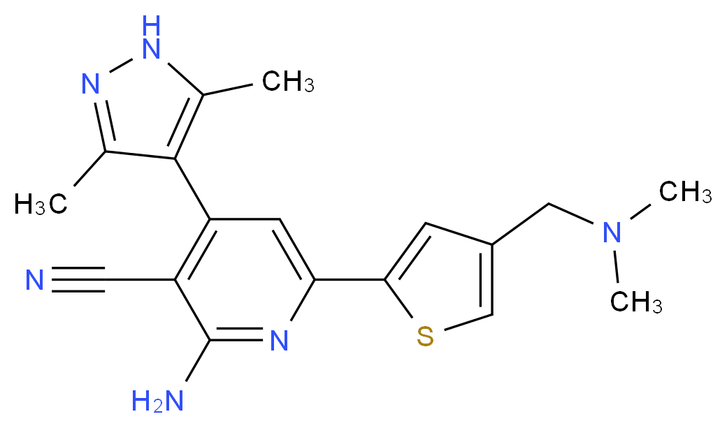 2-amino-6-{4-[(dimethylamino)methyl]-2-thienyl}-4-(3,5-dimethyl-1H-pyrazol-4-yl)nicotinonitrile_分子结构_CAS_)
