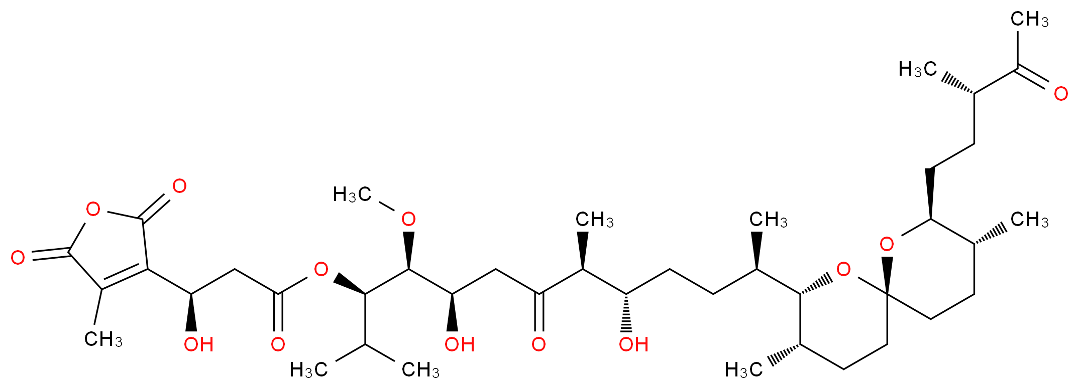 (3R,4S,5R,8S,9S,12R)-12-[(2S,3S,6R,8S,9R)-3,9-dimethyl-8-[(3S)-3-methyl-4-oxopentyl]-1,7-dioxaspiro[5.5]undecan-2-yl]-5,9-dihydroxy-4-methoxy-2,8-dimethyl-7-oxotridecan-3-yl (3R)-3-hydroxy-3-(4-methyl-2,5-dioxo-2,5-dihydrofuran-3-yl)propanoate_分子结构_CAS_109946-35-2