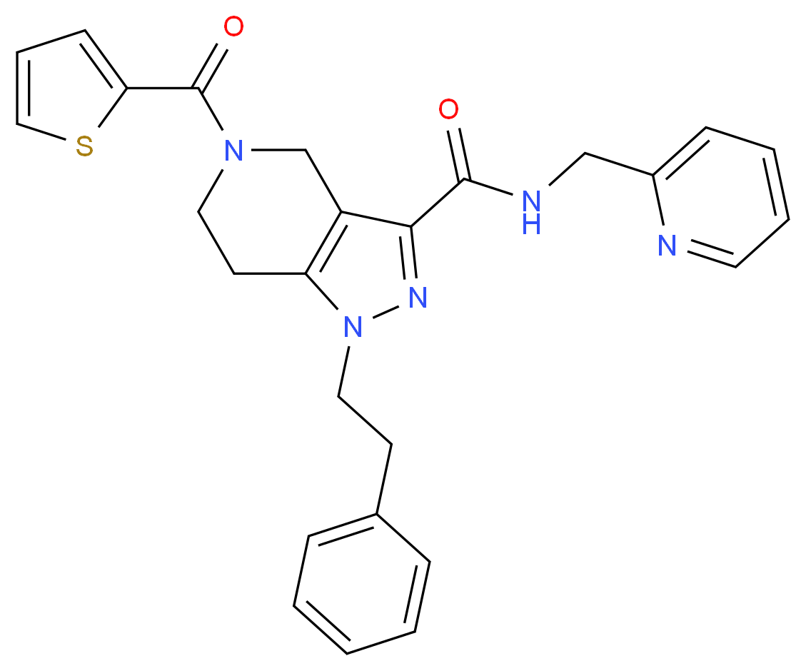 1-(2-phenylethyl)-N-(2-pyridinylmethyl)-5-(2-thienylcarbonyl)-4,5,6,7-tetrahydro-1H-pyrazolo[4,3-c]pyridine-3-carboxamide_分子结构_CAS_)