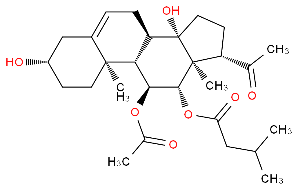 (1S,2R,5S,10R,11S,14S,15S,16S,17S)-14-acetyl-17-(acetyloxy)-5,11-dihydroxy-2,15-dimethyltetracyclo[8.7.0.0<sup>2</sup>,<sup>7</sup>.0<sup>1</sup><sup>1</sup>,<sup>1</sup><sup>5</sup>]heptadec-7-en-16-yl 3-methylbutanoate_分子结构_CAS_10163-83-4