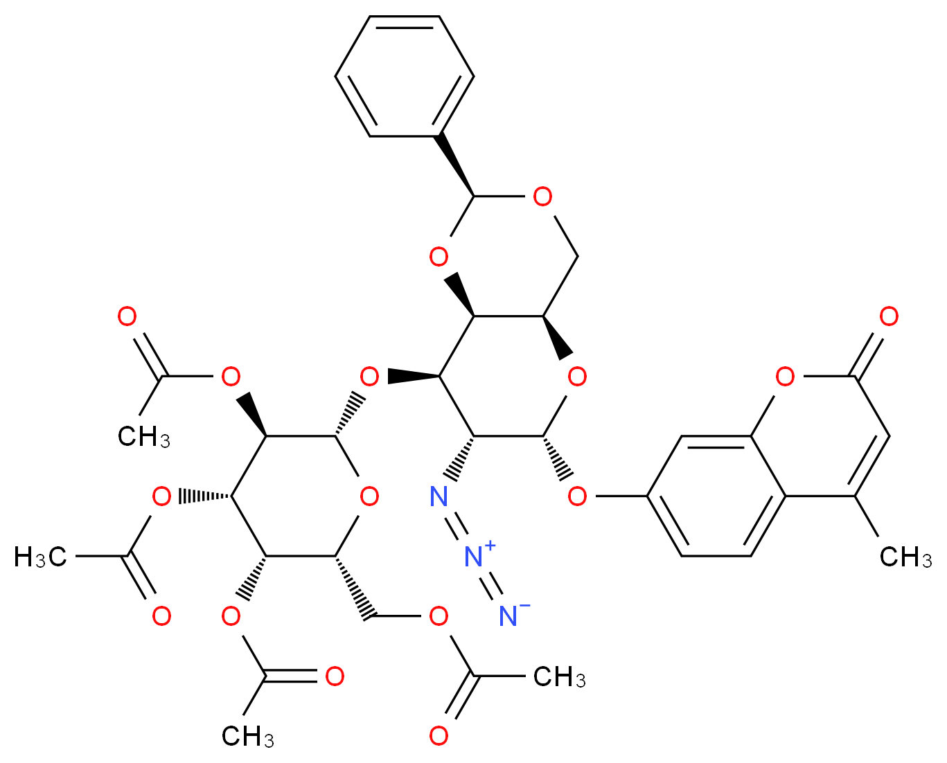 4-Methylumbelliferyl 2-Azido-2-deoxy-3-O-(tetra-O-acetyl-β-D-galactopyranosyl)-4,6-O-phenylmethylene-α-D-galactopyranoside_分子结构_CAS_1147438-61-6)