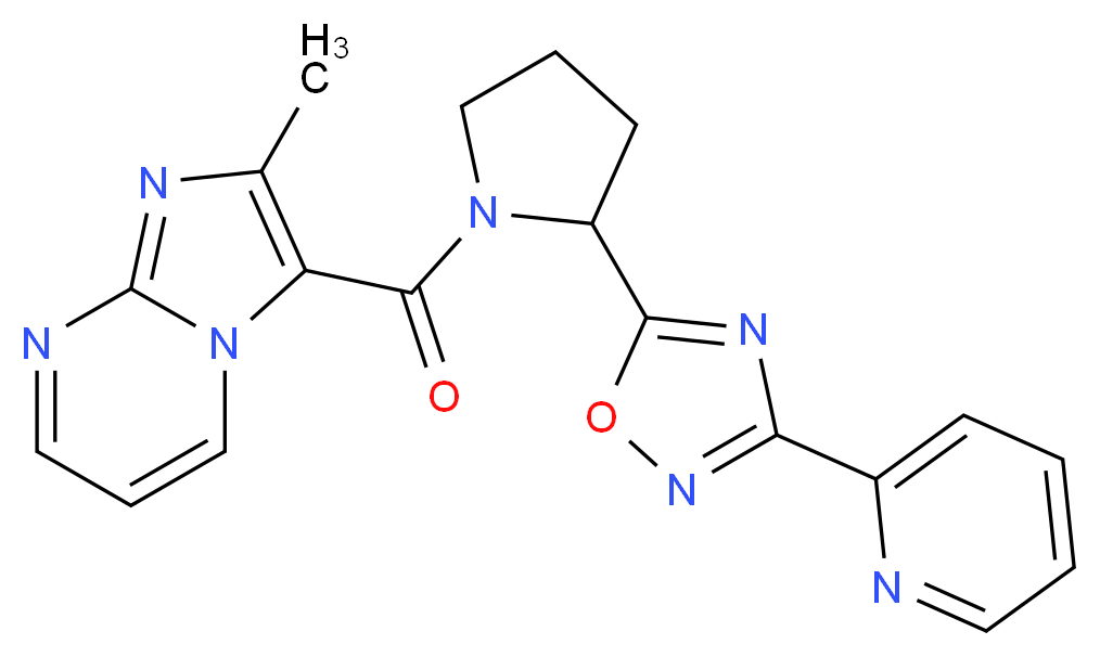 2-methyl-3-({2-[3-(2-pyridinyl)-1,2,4-oxadiazol-5-yl]-1-pyrrolidinyl}carbonyl)imidazo[1,2-a]pyrimidine_分子结构_CAS_)