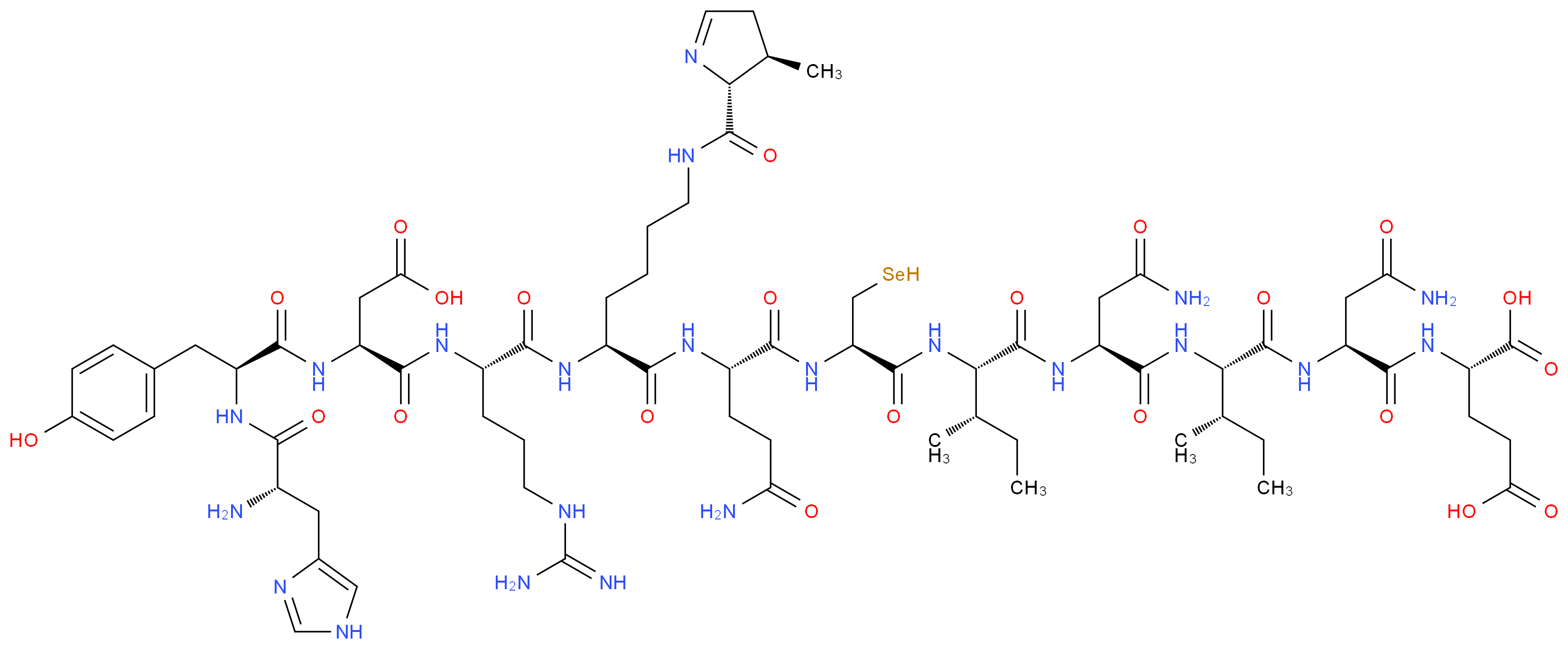 (2R,3R)-N-[(5S)-5-[(histidyltyrosyl-α-aspartylarginyl)amino]-6-oxo-6-({[(2S)-1-oxo-3-selanyl-1-(α-glutamylasparagylisoleucylasparagylisoleucyl)propan-2-yl]amino}glutamyl)hexyl]-3-methyl-3,4-dihydro-2H-pyrrole-2-carboxamide_分子结构_CAS_522-66-7