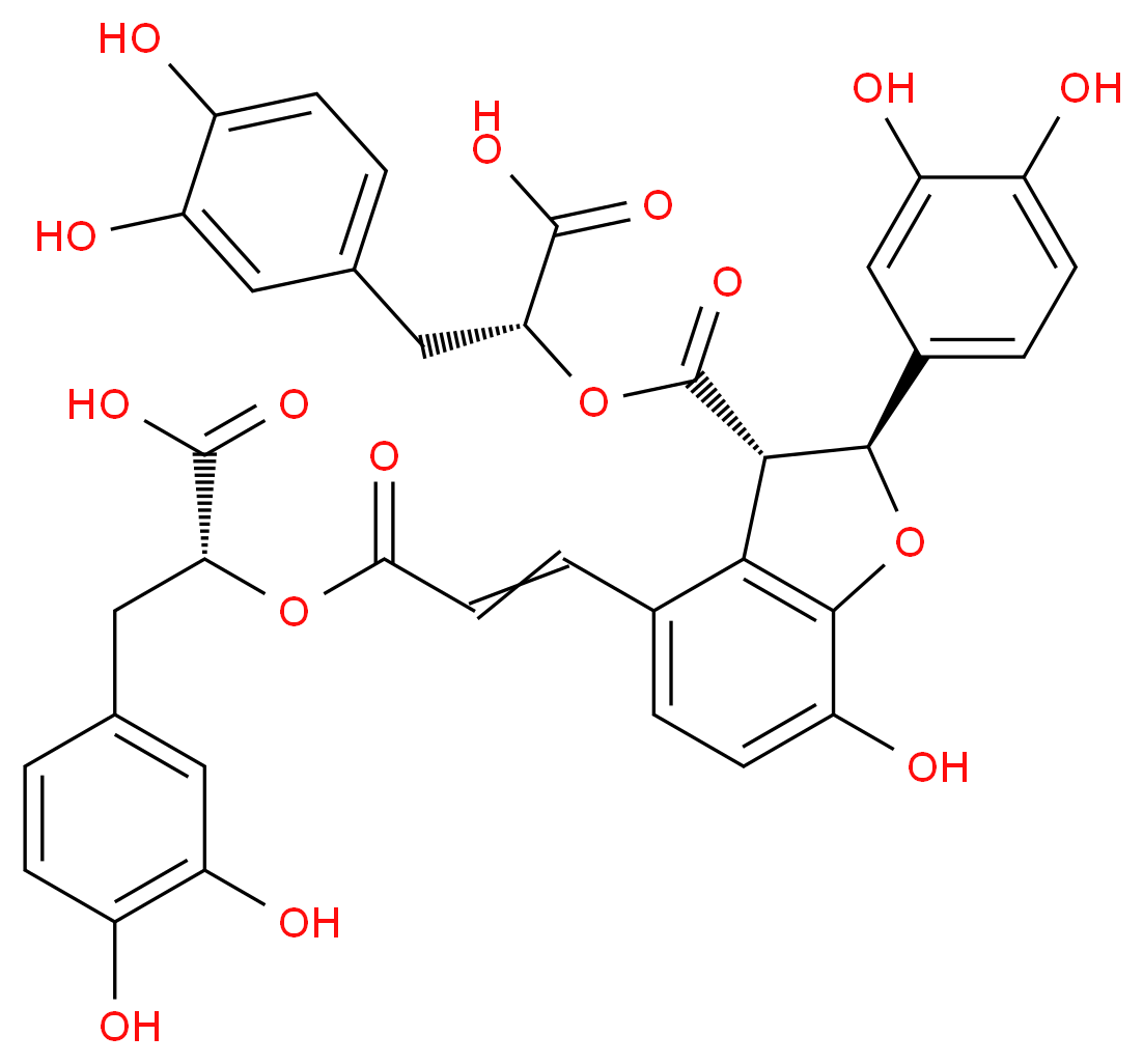 (2R)-2-[(2S,3S)-4-{3-[(1R)-1-carboxy-2-(3,4-dihydroxyphenyl)ethoxy]-3-oxoprop-1-en-1-yl}-2-(3,4-dihydroxyphenyl)-7-hydroxy-2,3-dihydro-1-benzofuran-3-carbonyloxy]-3-(3,4-dihydroxyphenyl)propanoic acid_分子结构_CAS_121521-90-2