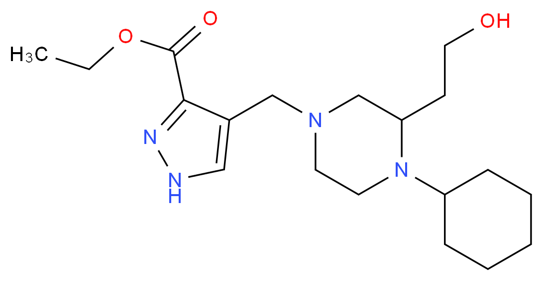 ethyl 4-{[4-cyclohexyl-3-(2-hydroxyethyl)-1-piperazinyl]methyl}-1H-pyrazole-3-carboxylate_分子结构_CAS_)