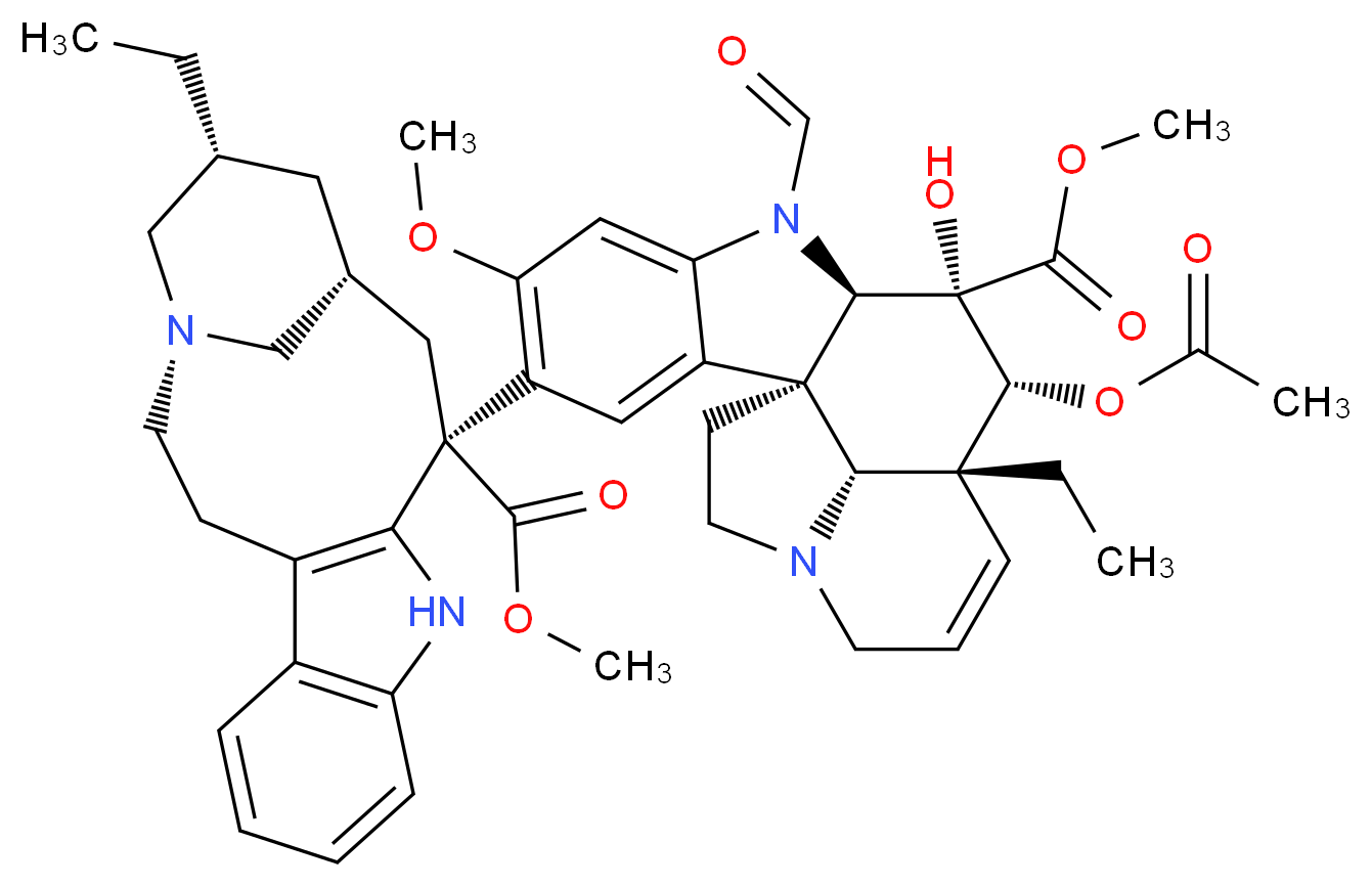 methyl (1R,9R,10S,11R,12R,19R)-11-(acetyloxy)-12-ethyl-4-[(13S,15R,17R)-17-ethyl-13-(methoxycarbonyl)-1,11-diazatetracyclo[13.3.1.0<sup>4</sup>,<sup>1</sup><sup>2</sup>.0<sup>5</sup>,<sup>1</sup><sup>0</sup>]nonadeca-4(12),5,7,9-tetraen-13-yl]-8-formyl-10-hydroxy-5-methoxy-8,16-diazapentacyclo[10.6.1.0<sup>1</sup>,<sup>9</sup>.0<sup>2</sup>,<sup>7</sup>.0<sup>1</sup><sup>6</sup>,<sup>1</sup><sup>9</sup>]nonadeca-2,4,6,13-tetraene-10-carboxylate_分子结构_CAS_68135-16-0
