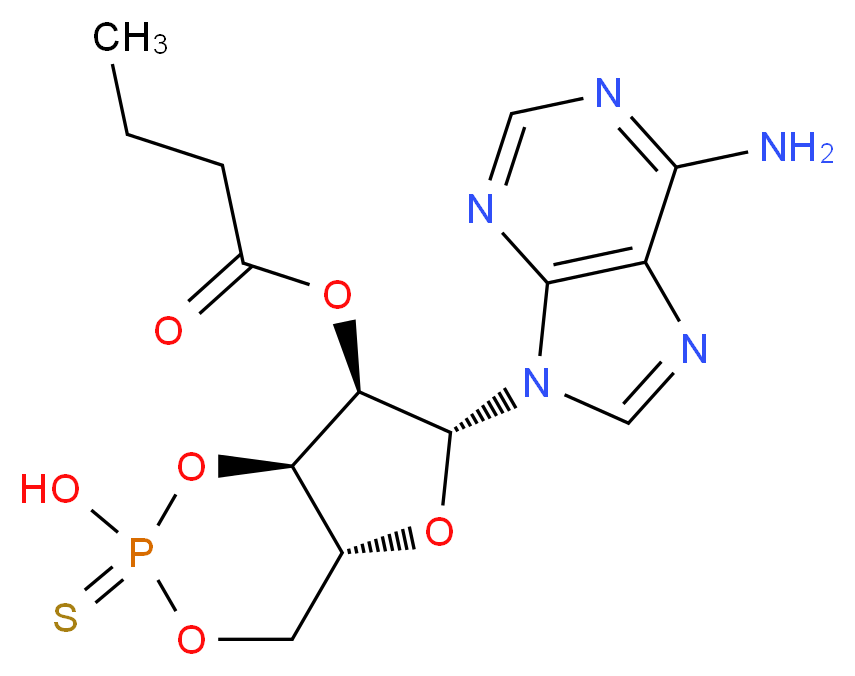 (4aR,6R,7R,7aR)-6-(6-amino-9H-purin-9-yl)-2-hydroxy-2-sulfanylidene-hexahydro-1,3,5,2λ<sup>5</sup>-furo[3,2-d][1,3,2λ<sup>5</sup>]dioxaphosphinin-7-yl butanoate_分子结构_CAS_152218-23-0