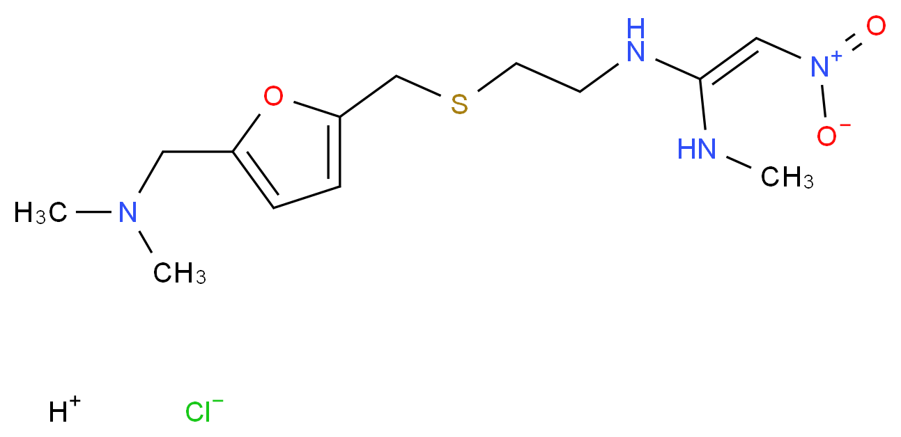 hydrogen dimethyl[(5-{[(2-{[(E)-1-(methylamino)-2-nitroethenyl]amino}ethyl)sulfanyl]methyl}furan-2-yl)methyl]amine chloride_分子结构_CAS_56131-49-8