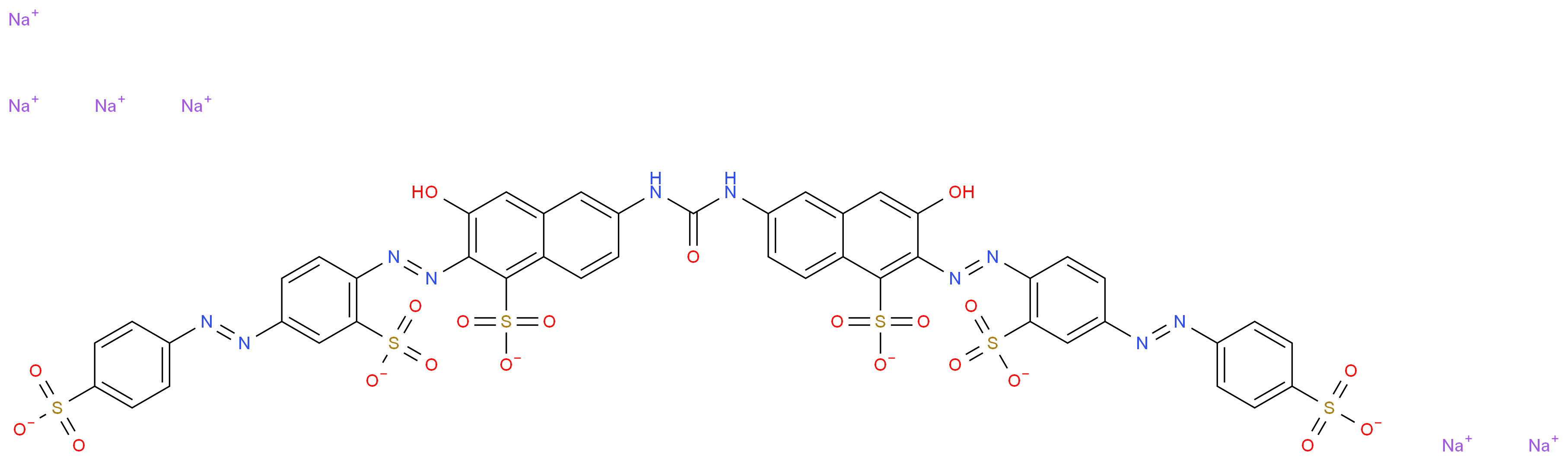 hexasodium 3-hydroxy-6-[({7-hydroxy-5-sulfonato-6-[(E)-2-{2-sulfonato-4-[(E)-2-(4-sulfonatophenyl)diazen-1-yl]phenyl}diazen-1-yl]naphthalen-2-yl}carbamoyl)amino]-2-[(E)-2-{2-sulfonato-4-[(E)-2-(4-sulfonatophenyl)diazen-1-yl]phenyl}diazen-1-yl]naphthalene-1-sulfonate_分子结构_CAS_2610-10-8