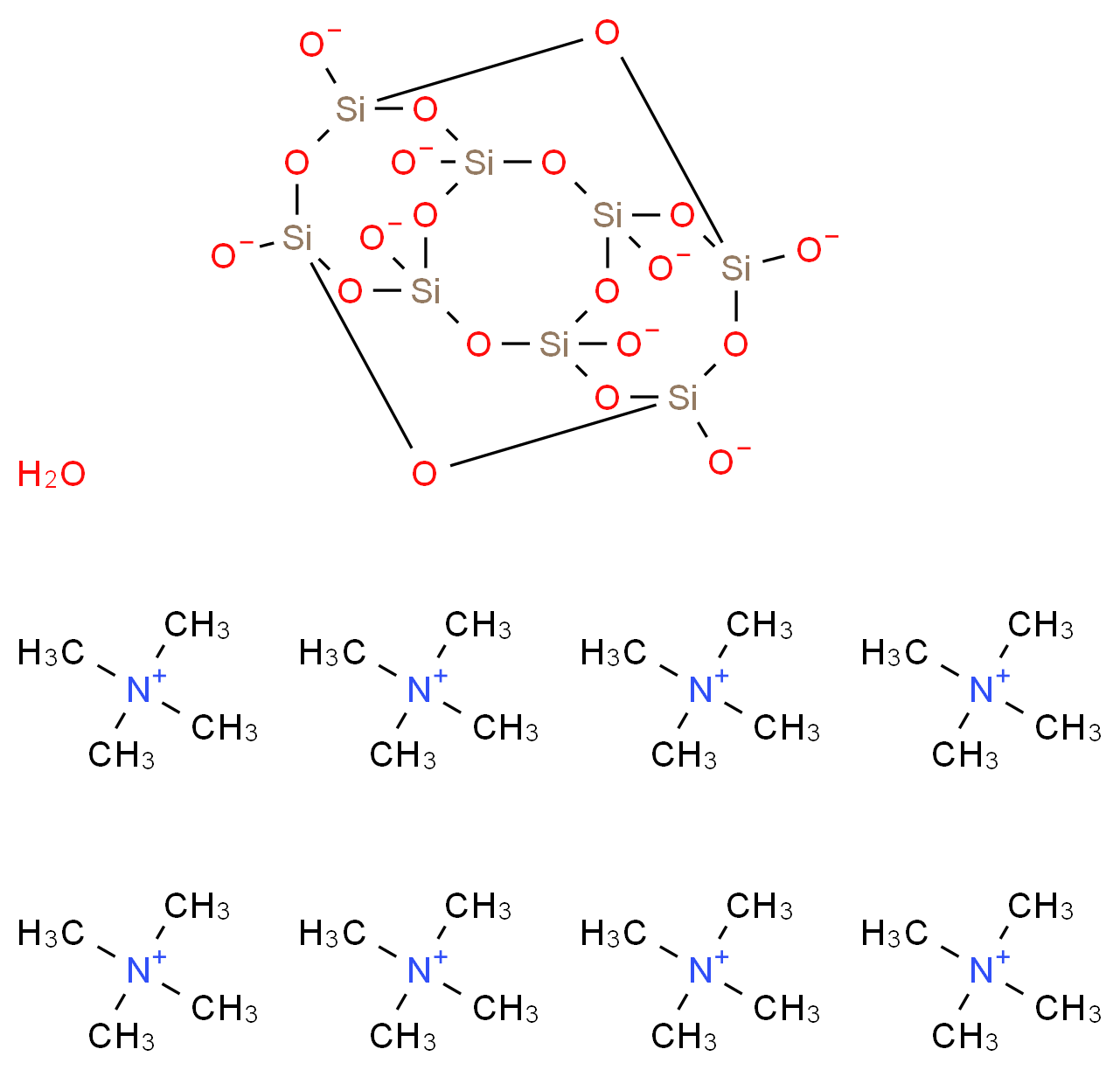 pentacyclo[9.5.1.1<sup>3</sup>,<sup>9</sup>.1<sup>5</sup>,<sup>1</sup><sup>5</sup>.1<sup>7</sup>,<sup>1</sup><sup>3</sup>]octasiloxan-1,3,5,7,9,11,13,15-octakis(olate) octakis(tetramethylazanium) hydrate_分子结构_CAS_69667-29-4
