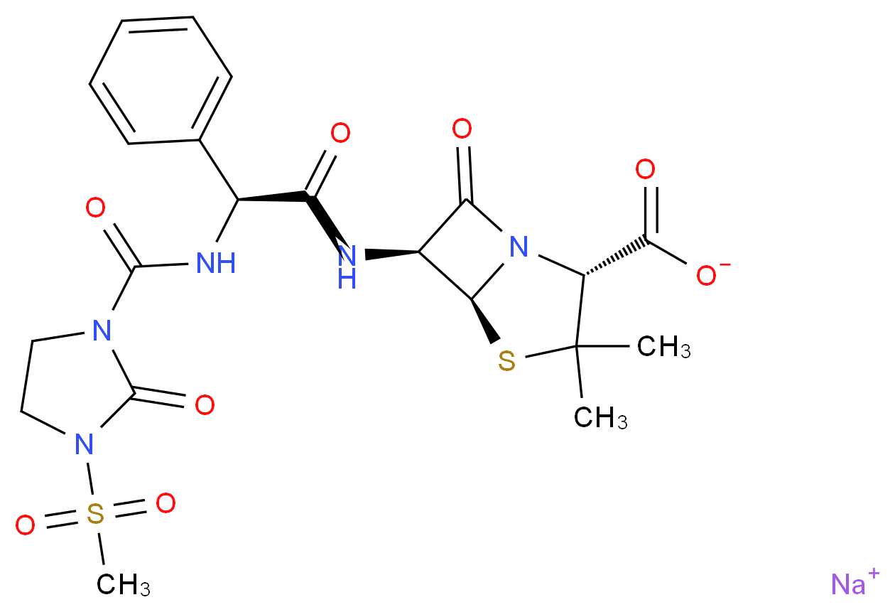 sodium (2R,5S,6S)-6-[(2S)-2-[(3-methanesulfonyl-2-oxoimidazolidine-1-carbonyl)amino]-2-phenylacetamido]-3,3-dimethyl-7-oxo-4-thia-1-azabicyclo[3.2.0]heptane-2-carboxylate_分子结构_CAS_42057-22-7