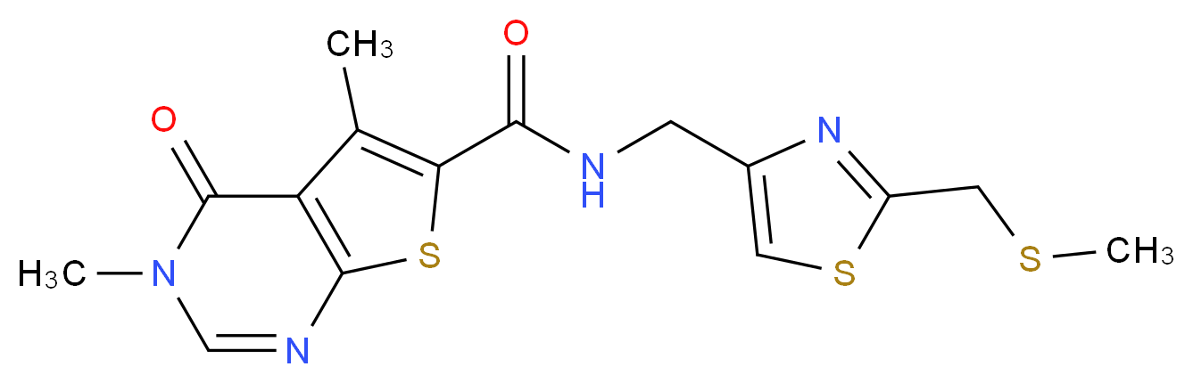 3,5-dimethyl-N-({2-[(methylthio)methyl]-1,3-thiazol-4-yl}methyl)-4-oxo-3,4-dihydrothieno[2,3-d]pyrimidine-6-carboxamide_分子结构_CAS_)