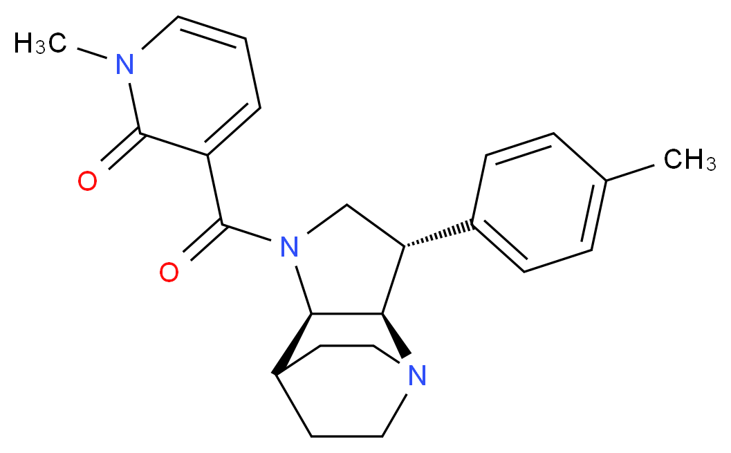 1-methyl-3-{[(2R*,3S*,6R*)-3-(4-methylphenyl)-1,5-diazatricyclo[5.2.2.0~2,6~]undec-5-yl]carbonyl}-2(1H)-pyridinone_分子结构_CAS_)