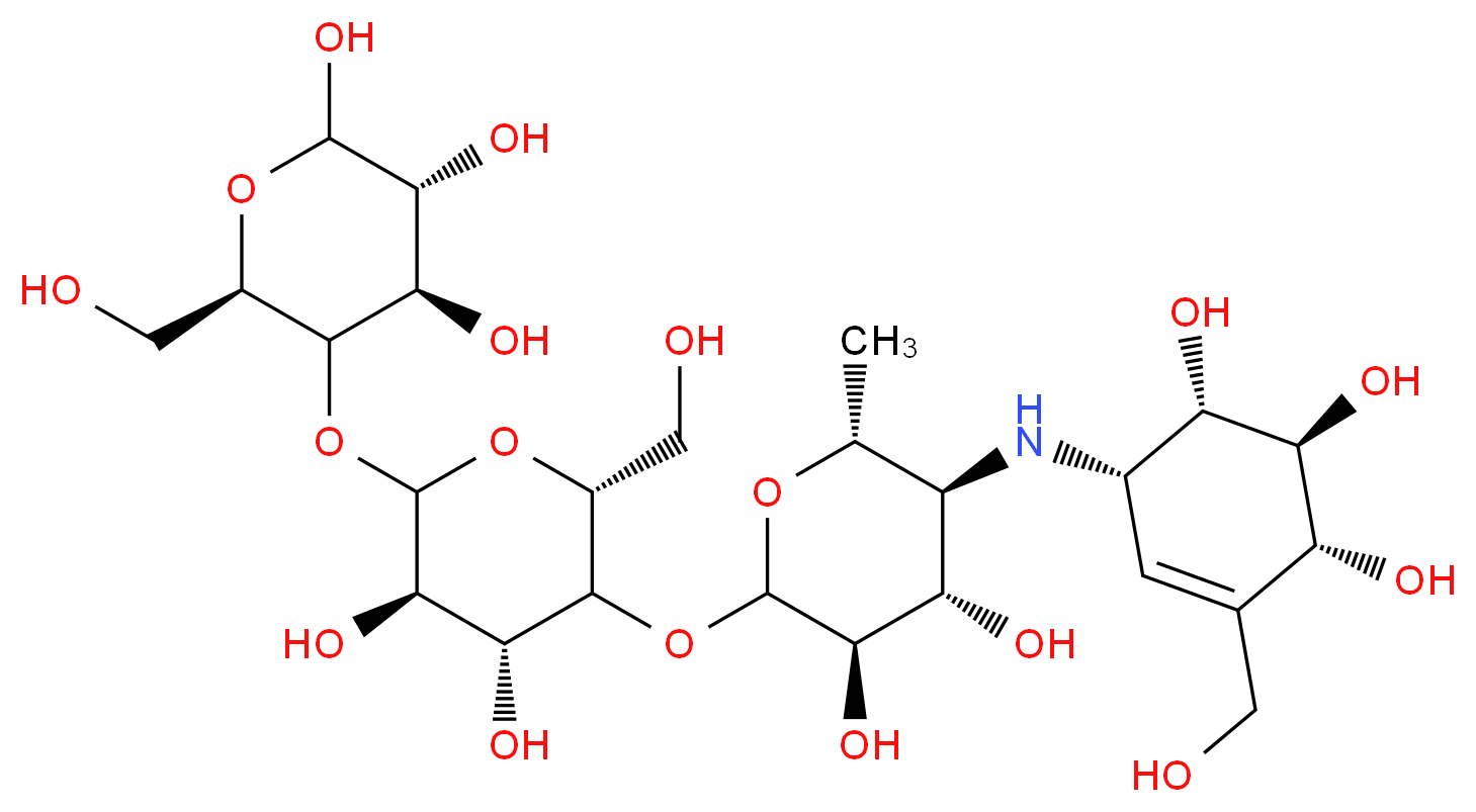 (3R,4R,6R)-5-{[(3R,4R,6R)-5-{[(3R,4S,5S,6R)-3,4-dihydroxy-6-methyl-5-{[(1S,4R,5S,6S)-4,5,6-trihydroxy-3-(hydroxymethyl)cyclohex-2-en-1-yl]amino}oxan-2-yl]oxy}-3,4-dihydroxy-6-(hydroxymethyl)oxan-2-yl]oxy}-6-(hydroxymethyl)oxane-2,3,4-triol_分子结构_CAS_56180-94-0