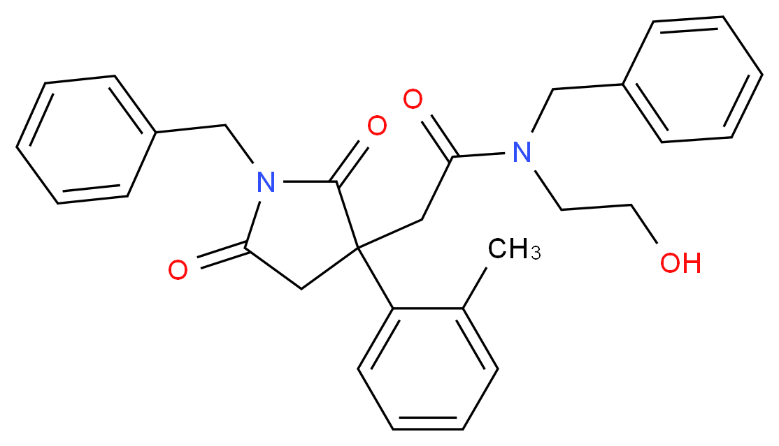 N-benzyl-2-[1-benzyl-3-(2-methylphenyl)-2,5-dioxo-3-pyrrolidinyl]-N-(2-hydroxyethyl)acetamide_分子结构_CAS_)