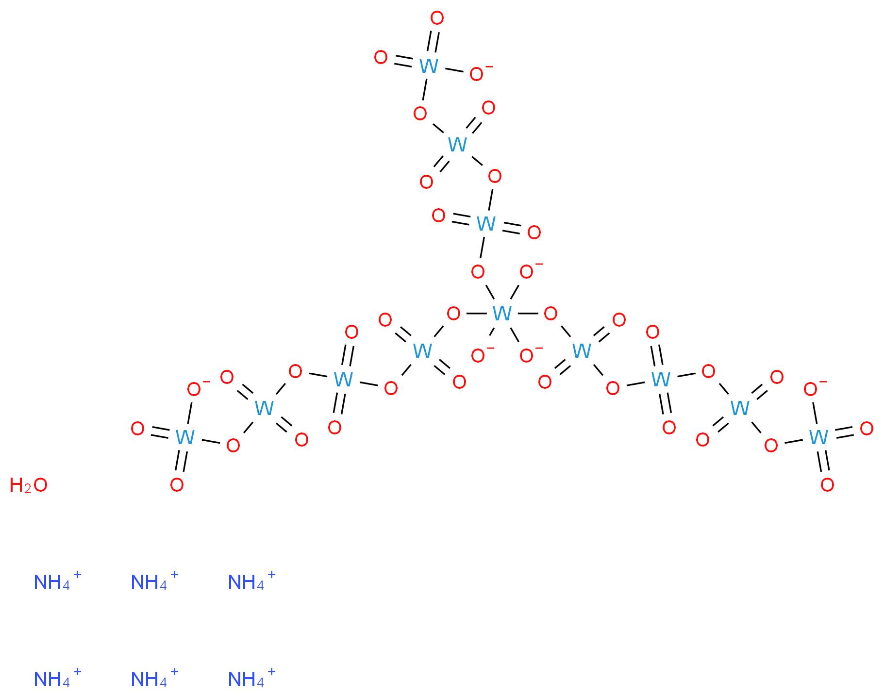 hexaammonium 9-[(5-oxido-1,1,3,3,5,5-hexaoxotritungstoxan-1-yl)oxy]-1,1,3,3,5,5,7,7,11,11,13,13,15,15,17,17-hexadecaoxononatungstoxane-1,9,9,9,17-pentakis(olate) hydrate_分子结构_CAS_12028-48-7