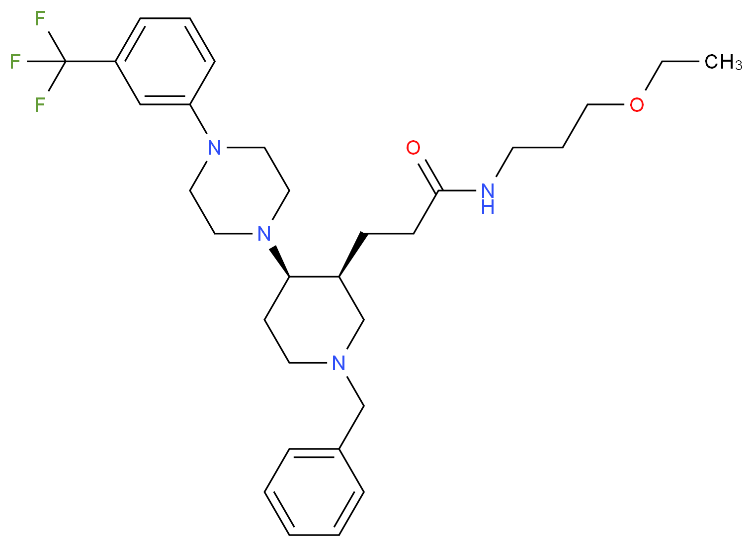 3-((3S*,4R*)-1-benzyl-4-{4-[3-(trifluoromethyl)phenyl]-1-piperazinyl}-3-piperidinyl)-N-(3-ethoxypropyl)propanamide_分子结构_CAS_)
