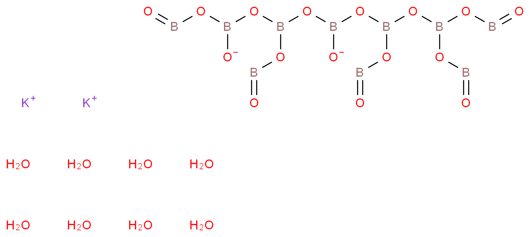 dipotassium ({[(dioxotriboroxan-3-yl)oxy]({[({[(oxoboranyl boronato)oxy][(oxoboranyl)oxy]boranyl}oxy)borinato]oxy})boranyl}oxy)(oxo)borane octahydrate_分子结构_CAS_11128-29-3