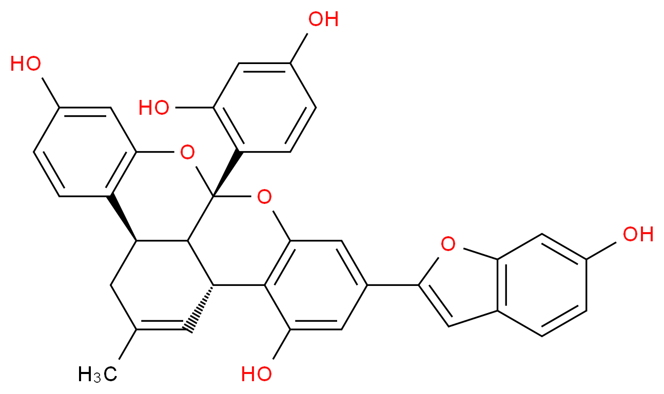 (1S,9R,13R,21S)-1-(2,4-dihydroxyphenyl)-17-(6-hydroxy-1-benzofuran-2-yl)-11-methyl-2,20-dioxapentacyclo[11.7.1.0<sup>3</sup>,<sup>8</sup>.0<sup>9</sup>,<sup>2</sup><sup>1</sup>.0<sup>1</sup><sup>4</sup>,<sup>1</sup><sup>9</sup>]henicosa-3(8),4,6,11,14(19),15,17-heptaene-5,15-diol_分子结构_CAS_87085-00-5