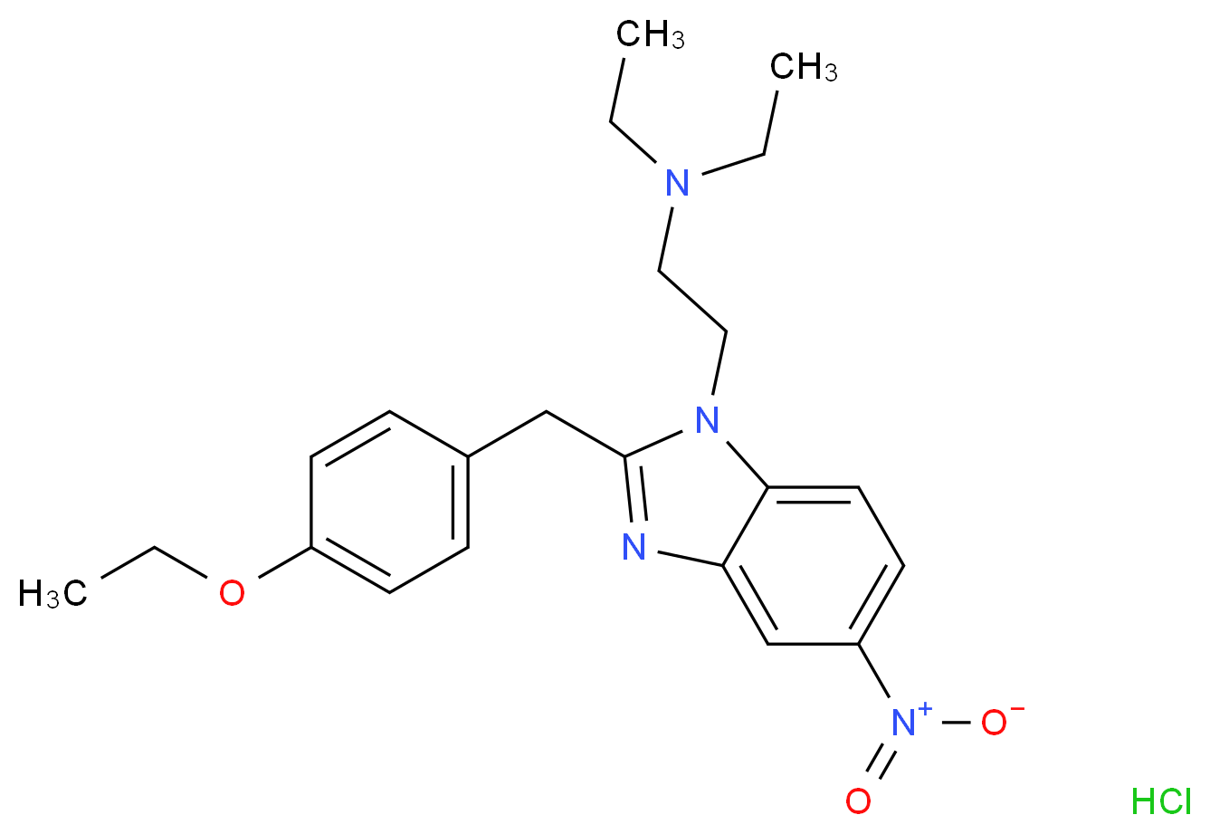 (2-{2-[(4-ethoxyphenyl)methyl]-5-nitro-1H-1,3-benzodiazol-1-yl}ethyl)diethylamine hydrochloride_分子结构_CAS_2053-25-0