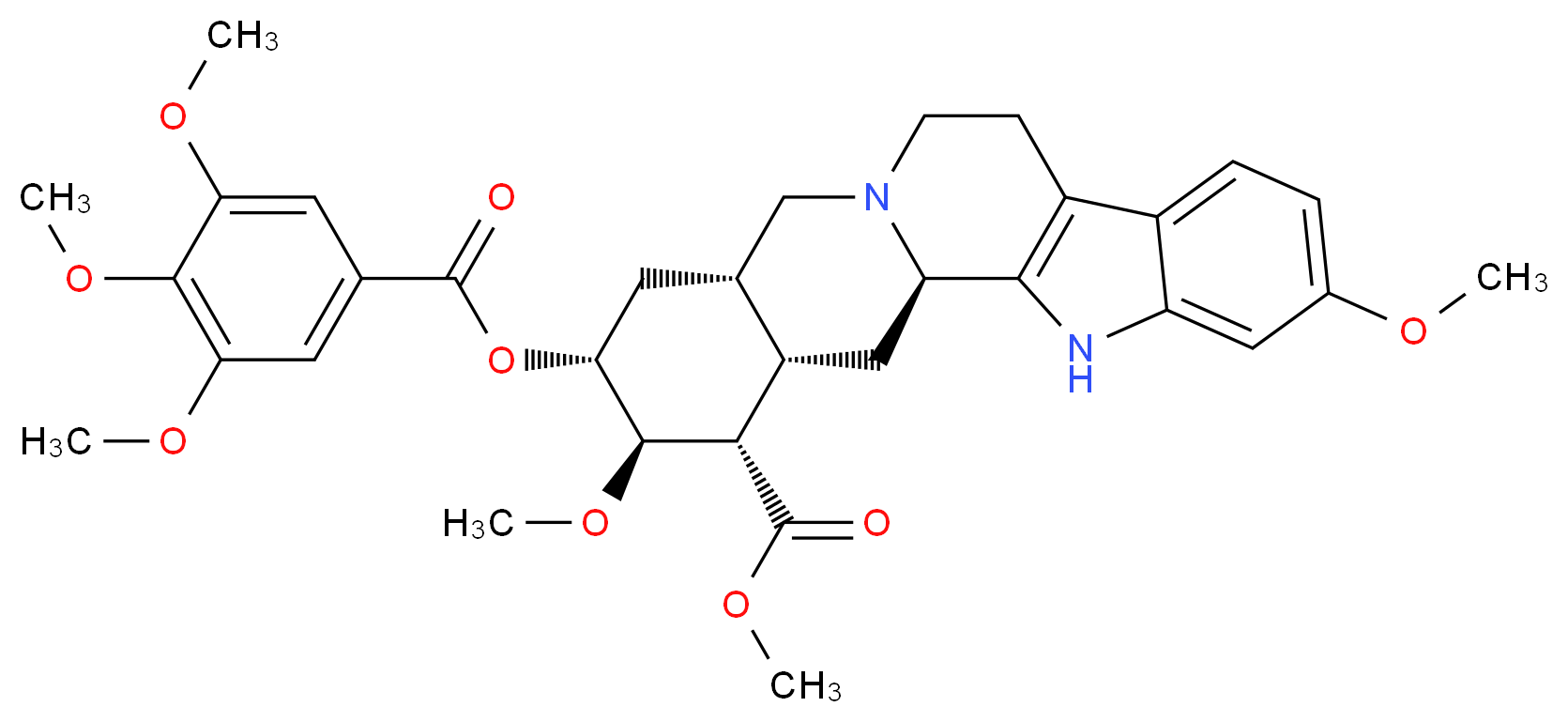 methyl (1R,15S,17R,18R,19S,20S)-6,18-dimethoxy-17-(3,4,5-trimethoxybenzoyloxy)-3,13-diazapentacyclo[11.8.0.0<sup>2</sup>,<sup>1</sup><sup>0</sup>.0<sup>4</sup>,<sup>9</sup>.0<sup>1</sup><sup>5</sup>,<sup>2</sup><sup>0</sup>]henicosa-2(10),4,6,8-tetraene-19-carboxylate_分子结构_CAS_50-55-5