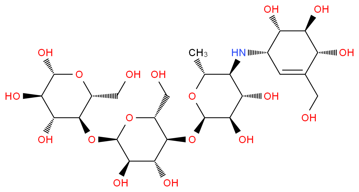 (2R,3R,4R,5S,6R)-5-{[(2R,3R,4R,5S,6R)-5-{[(2R,3R,4S,5S,6R)-3,4-dihydroxy-6-methyl-5-{[(1S,4R,5S,6S)-4,5,6-trihydroxy-3-(hydroxymethyl)cyclohex-2-en-1-yl]amino}oxan-2-yl]oxy}-3,4-dihydroxy-6-(hydroxymethyl)oxan-2-yl]oxy}-6-(hydroxymethyl)oxane-2,3,4-triol_分子结构_CAS_56180-94-0