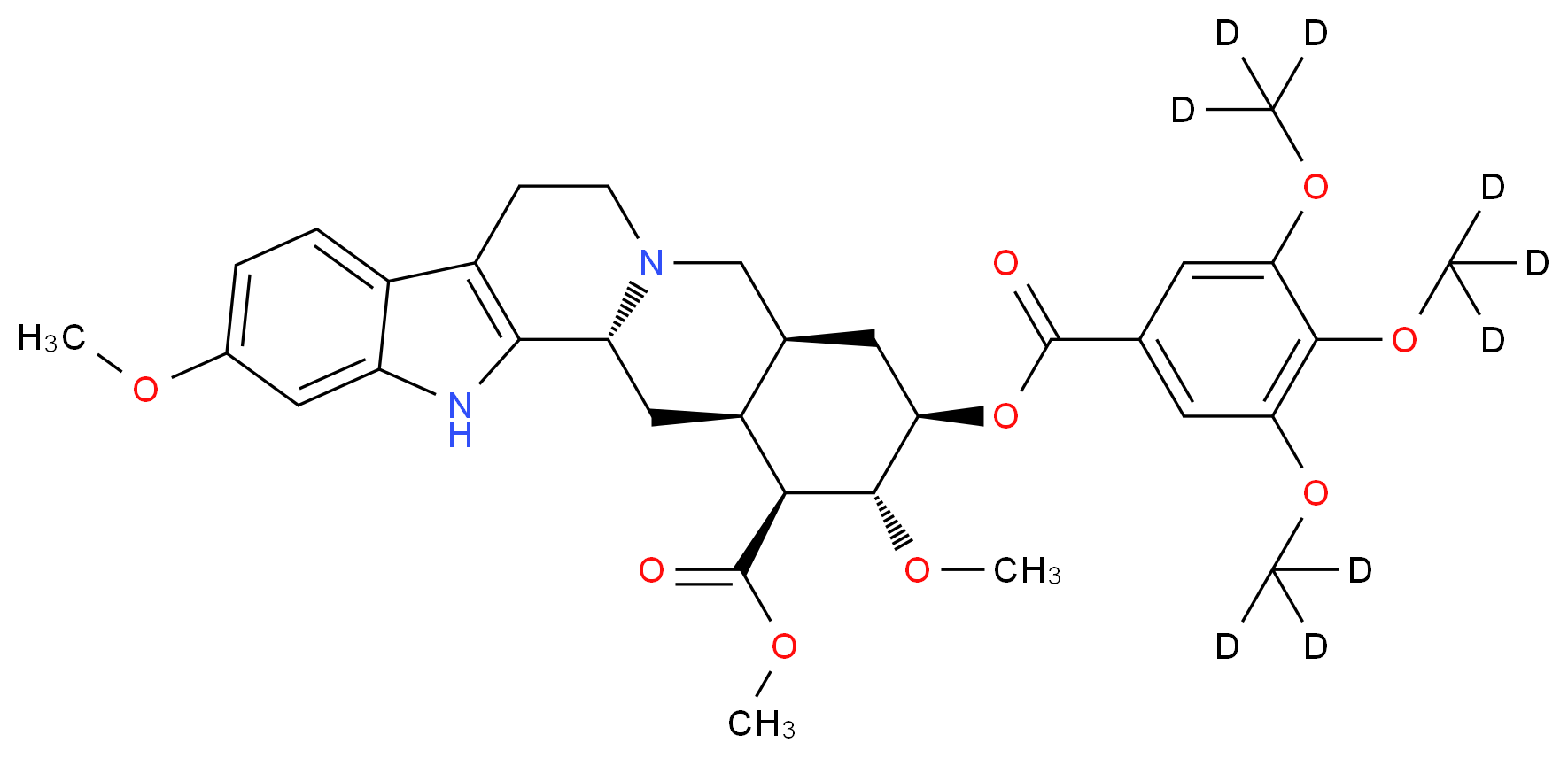 methyl (1R,15S,17R,18R,19S,20S)-6,18-dimethoxy-17-[3,4,5-tris(<sup>2</sup>H<sub>3</sub>)methoxybenzoyloxy]-3,13-diazapentacyclo[11.8.0.0<sup>2</sup>,<sup>1</sup><sup>0</sup>.0<sup>4</sup>,<sup>9</sup>.0<sup>1</sup><sup>5</sup>,<sup>2</sup><sup>0</sup>]henicosa-2(10),4,6,8-tetraene-19-carboxylate_分子结构_CAS_84759-11-5