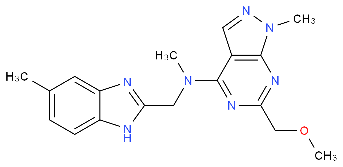 6-(methoxymethyl)-N,1-dimethyl-N-[(5-methyl-1H-benzimidazol-2-yl)methyl]-1H-pyrazolo[3,4-d]pyrimidin-4-amine_分子结构_CAS_)
