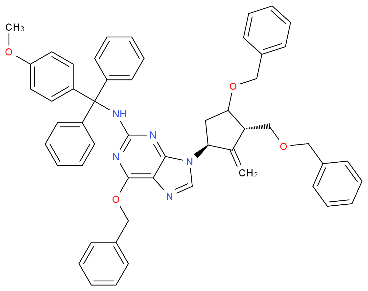 6-(benzyloxy)-9-[(1S,3S)-4-(benzyloxy)-3-[(benzyloxy)methyl]-2-methylidenecyclopentyl]-N-[(4-methoxyphenyl)diphenylmethyl]-9H-purin-2-amine_分子结构_CAS_142217-80-9