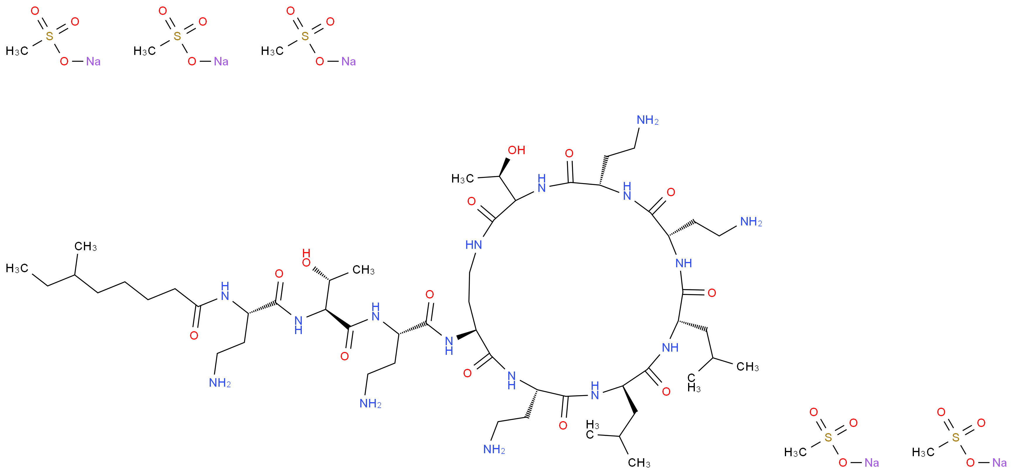 N-[(1S)-3-amino-1-{[(1S,2R)-1-{[(1S)-3-amino-1-{[(6S,9S,12S,15R,18S,21S)-6,9,18-tris(2-aminoethyl)-3-[(1R)-1-hydroxyethyl]-12,15-bis(2-methylpropyl)-2,5,8,11,14,17,20-heptaoxo-1,4,7,10,13,16,19-heptaazacyclotricosan-21-yl]carbamoyl}propyl]carbamoyl}-2-hydroxypropyl]carbamoyl}propyl]-6-methyloctanamide; pentakis(sodium methanesulfonate)_分子结构_CAS_8068-28-8