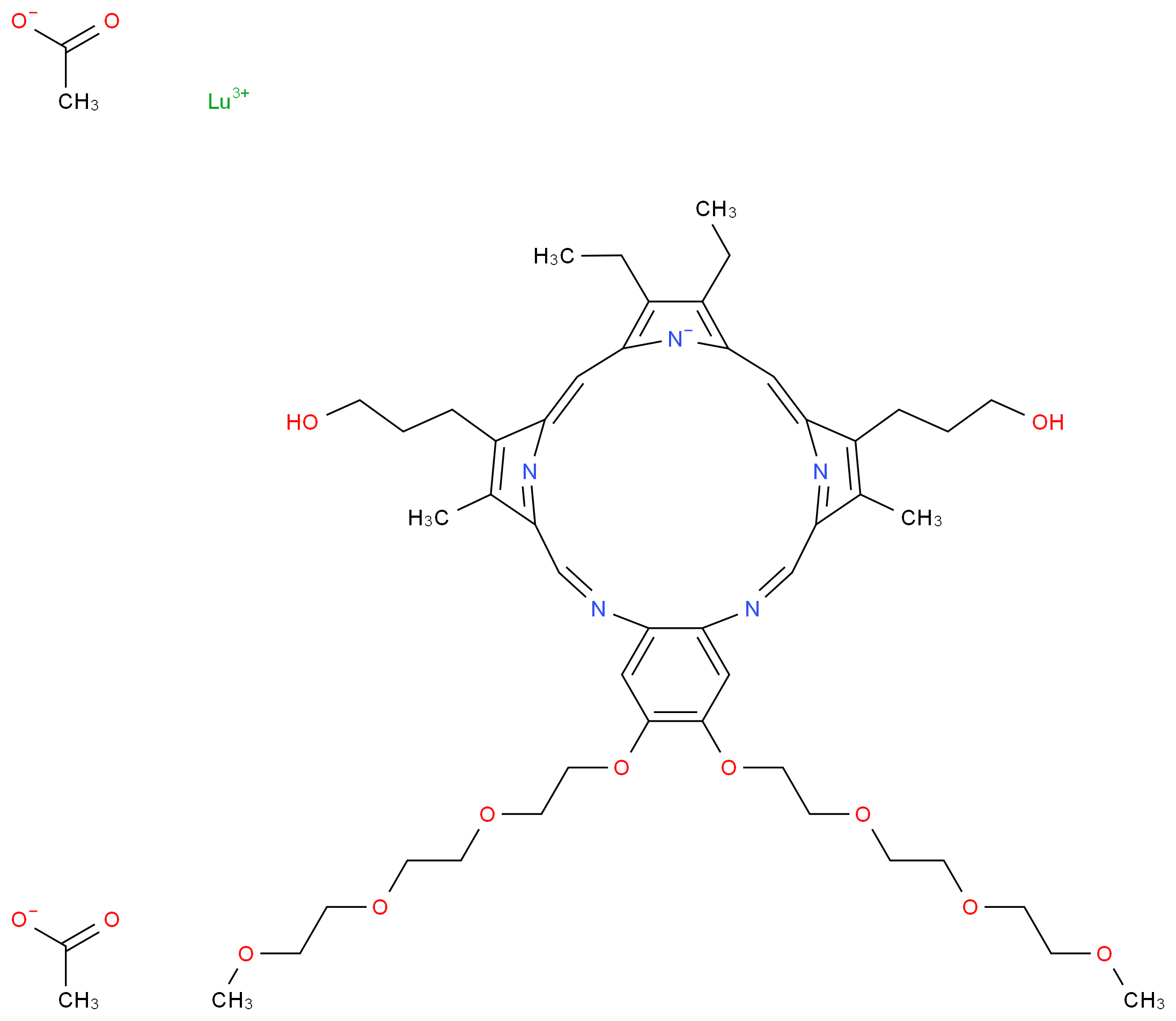 lutetium(3+) ion 4,5-diethyl-9,24-bis(3-hydroxypropyl)-16,17-bis({2-[2-(2-methoxyethoxy)ethoxy]ethoxy})-10,23-dimethyl-13,20,25,26,27-pentaazapentacyclo[20.2.1.1<sup>3</sup>,<sup>6</sup>.1<sup>8</sup>,<sup>1</sup><sup>1</sup>.0<sup>1</sup><sup>4</sup>,<sup>1</sup><sup>9</sup>]heptacosa-1,3,5,7,9,11(26),12,14,16,18,20,22(25),23-tridecaen-27-ide diacetate_分子结构_CAS_246252-04-0